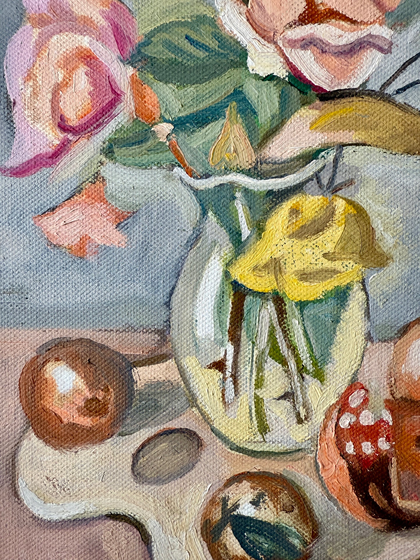 Contemporary Floral and Fruit Still Life Oil Painting in Wavy Gold Frame