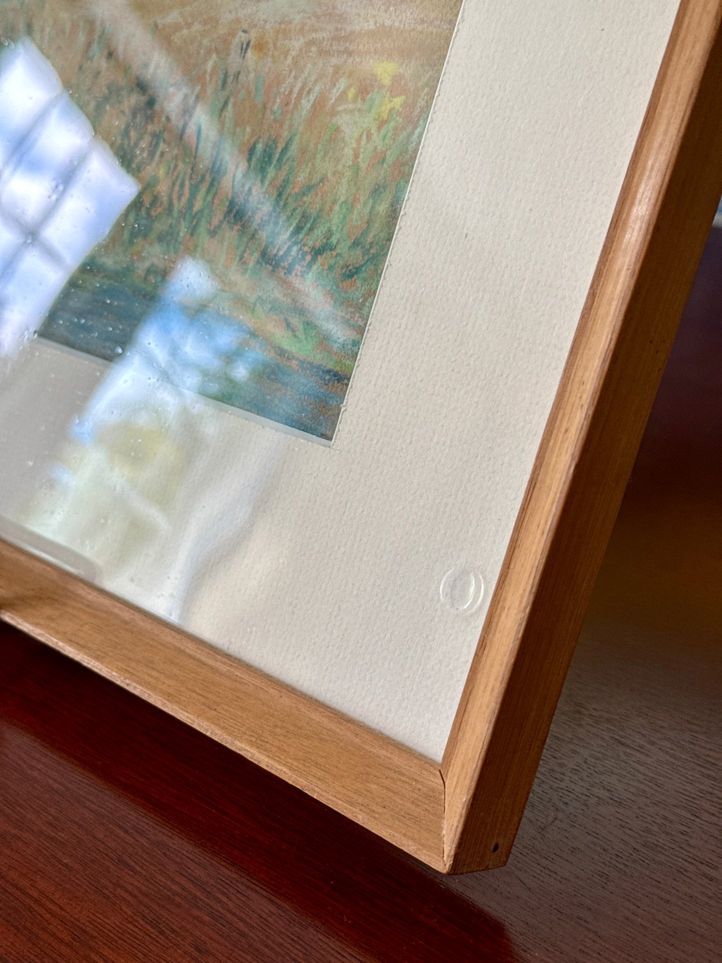 1978 White Clouds over Rolling Summer Fields Landscape Pastel in Pine Frame