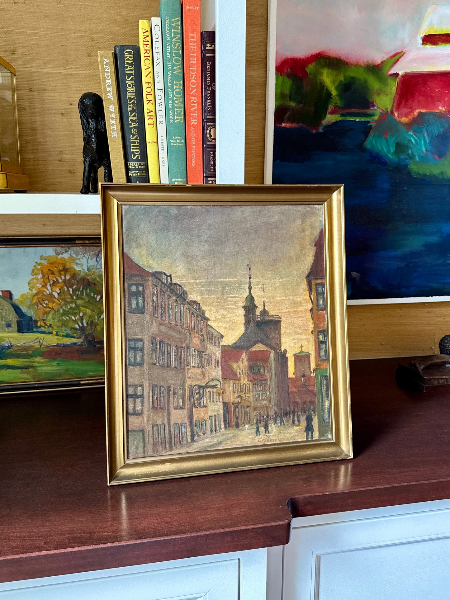 Early 20th Century European Street Scene at Dusk Oil Painting in Gold Frame