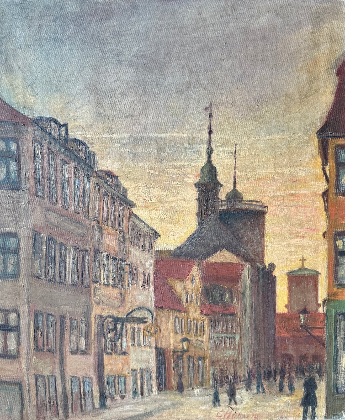 Early 20th Century European Street Scene at Dusk Oil Painting in Gold Frame