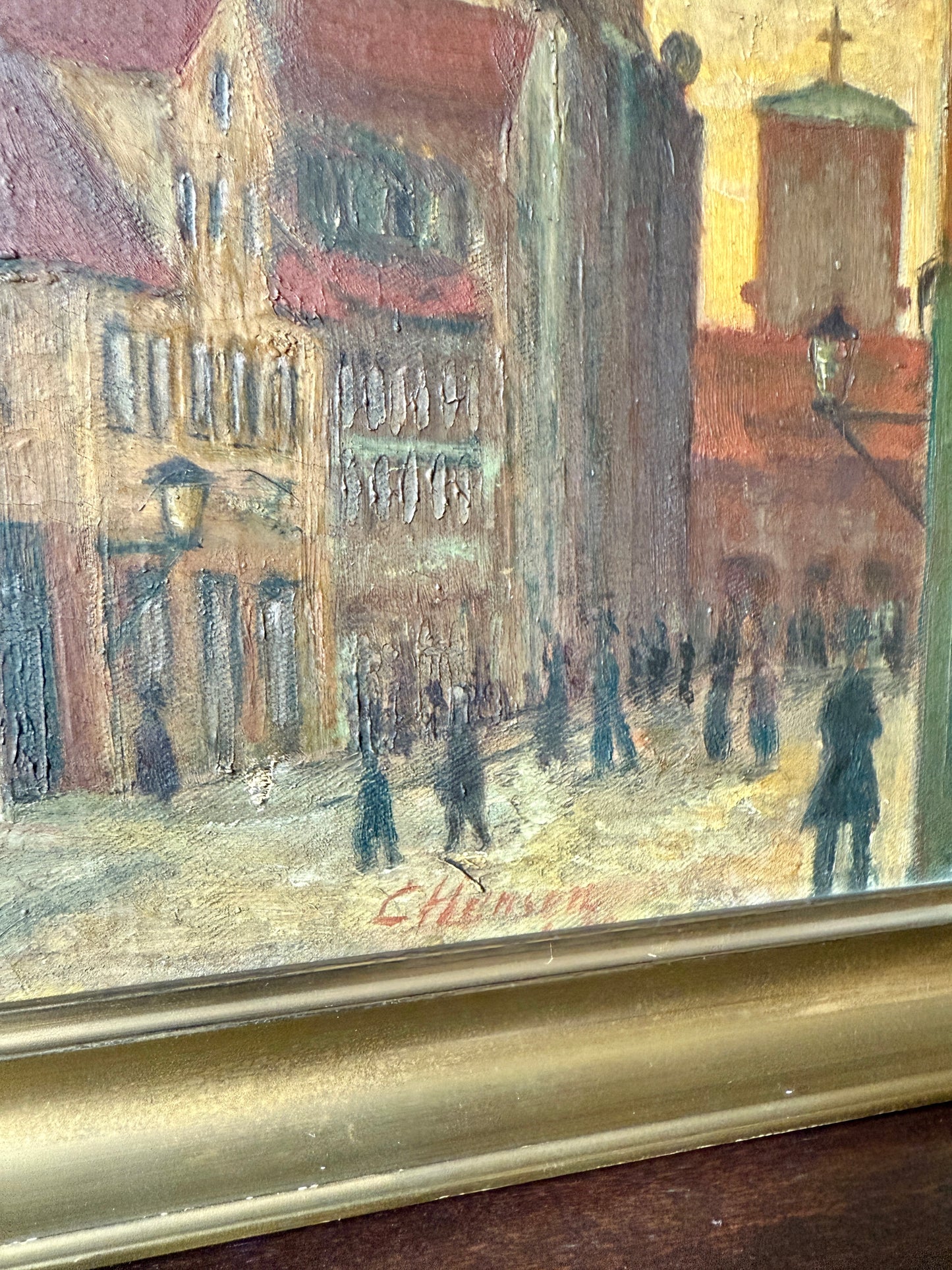 Early 20th Century European Street Scene at Dusk Oil Painting in Gold Frame