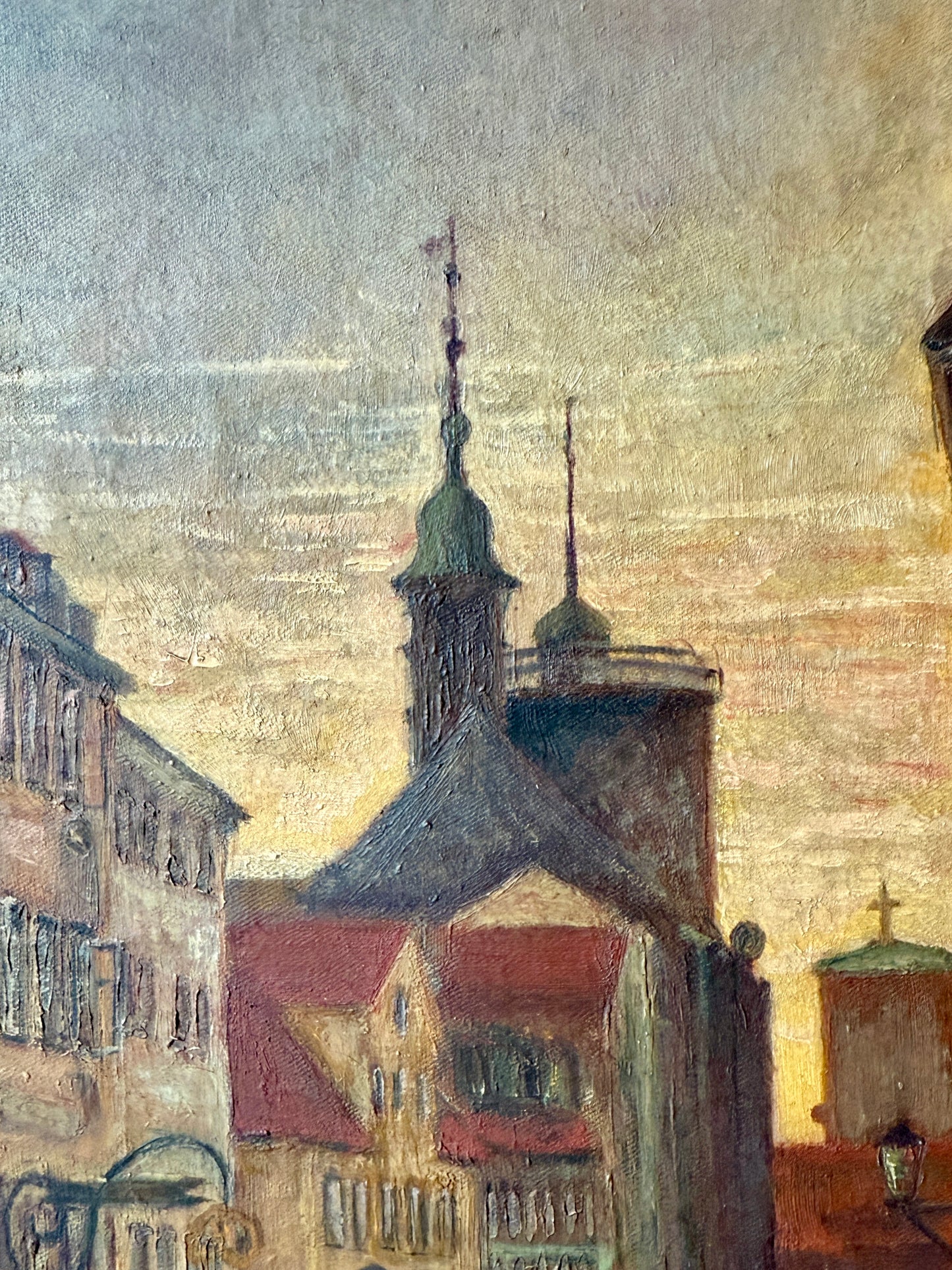 Early 20th Century European Street Scene at Dusk Oil Painting in Gold Frame