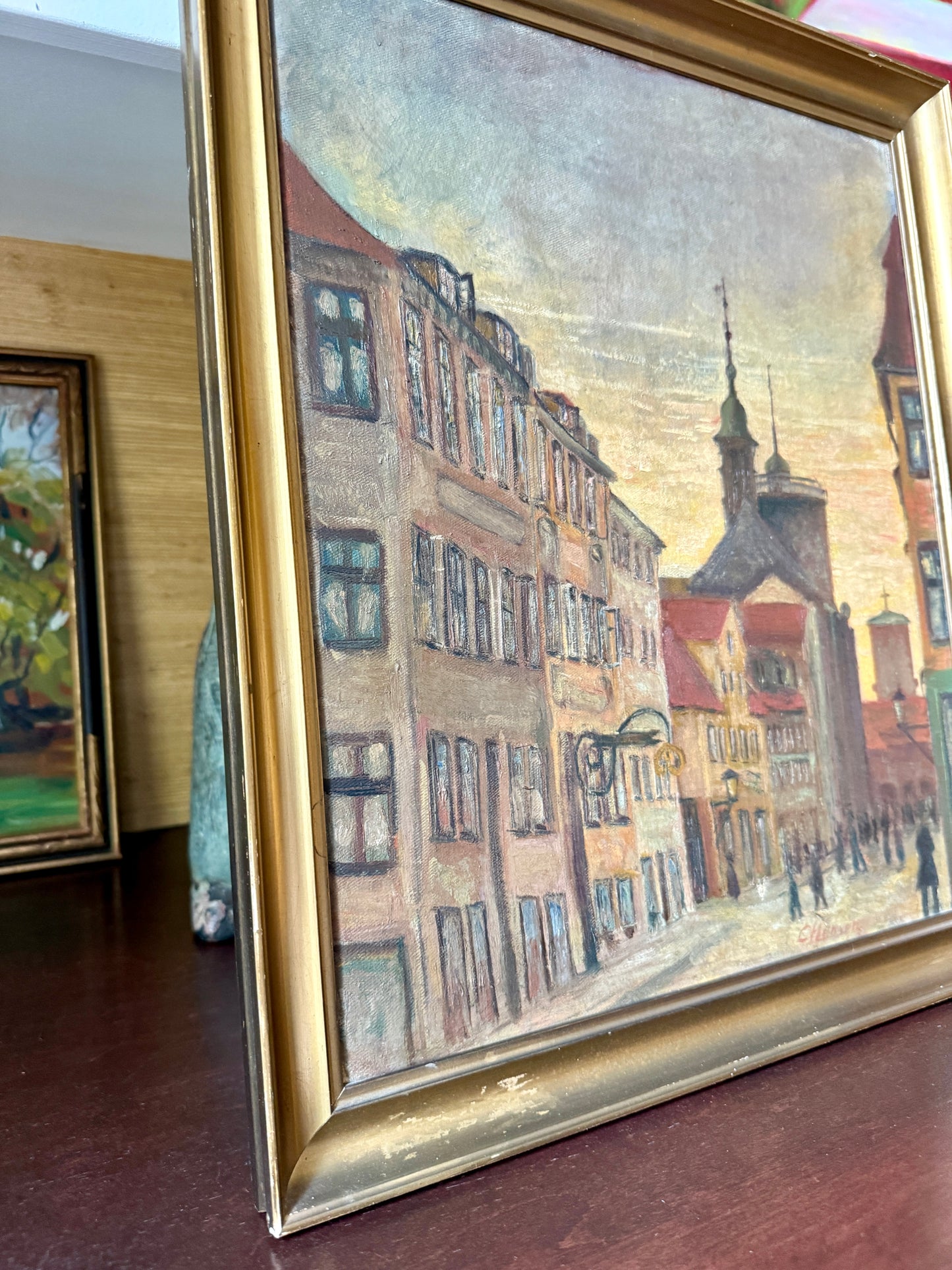 Early 20th Century European Street Scene at Dusk Oil Painting in Gold Frame