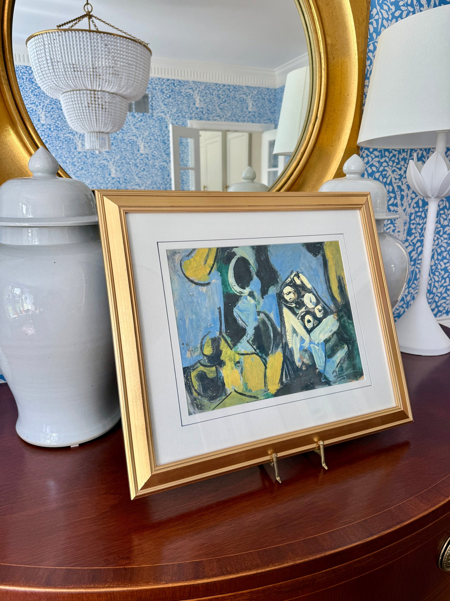 Richard Derby Tucker Blue and Yellow Abstract Composition Watercolor Painting in Gold Frame