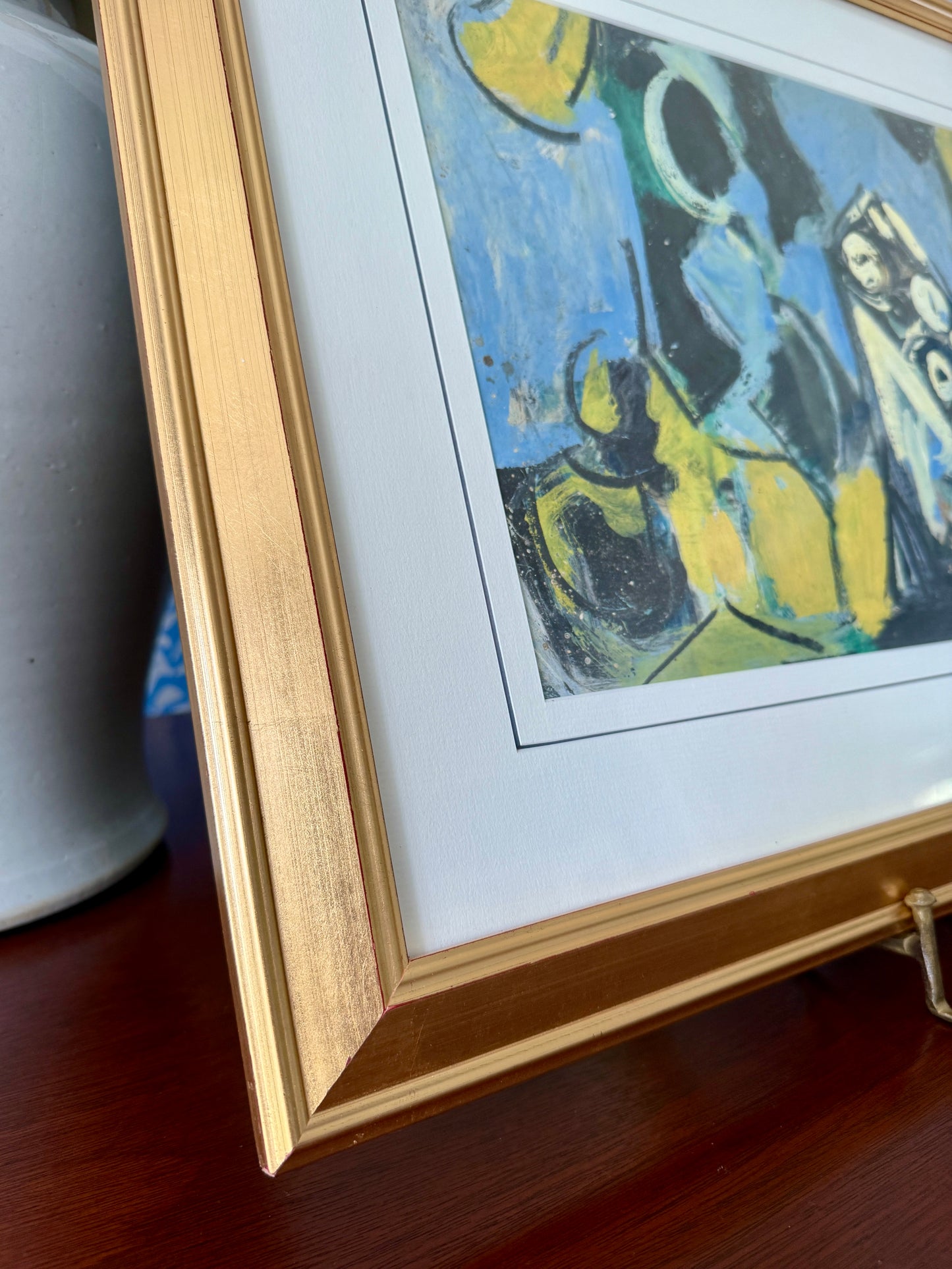 Richard Derby Tucker Blue and Yellow Abstract Composition Watercolor Painting in Gold Frame