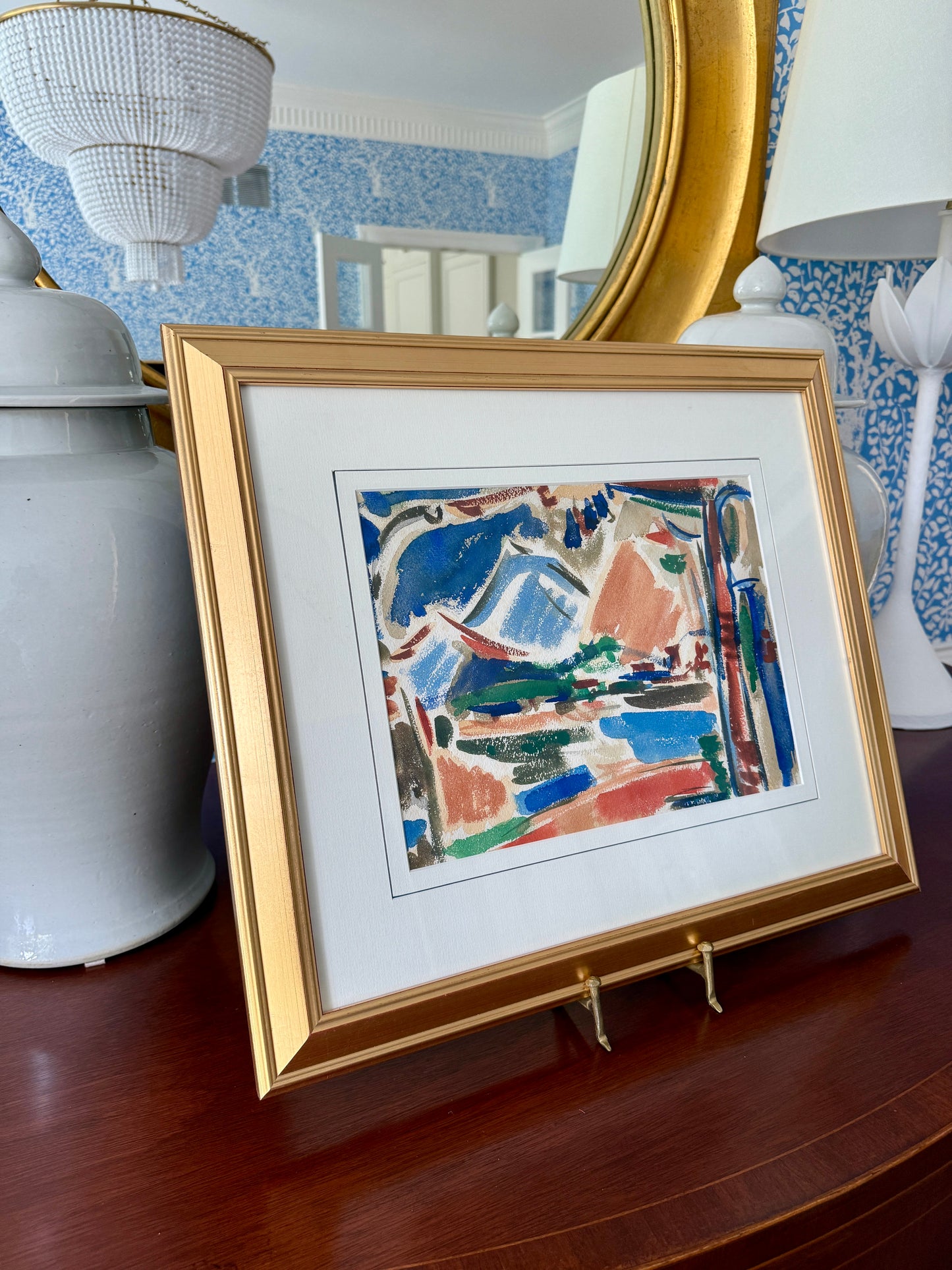 Richard Derby Tucker Abstract Composition Watercolor Painting in Gold Frame