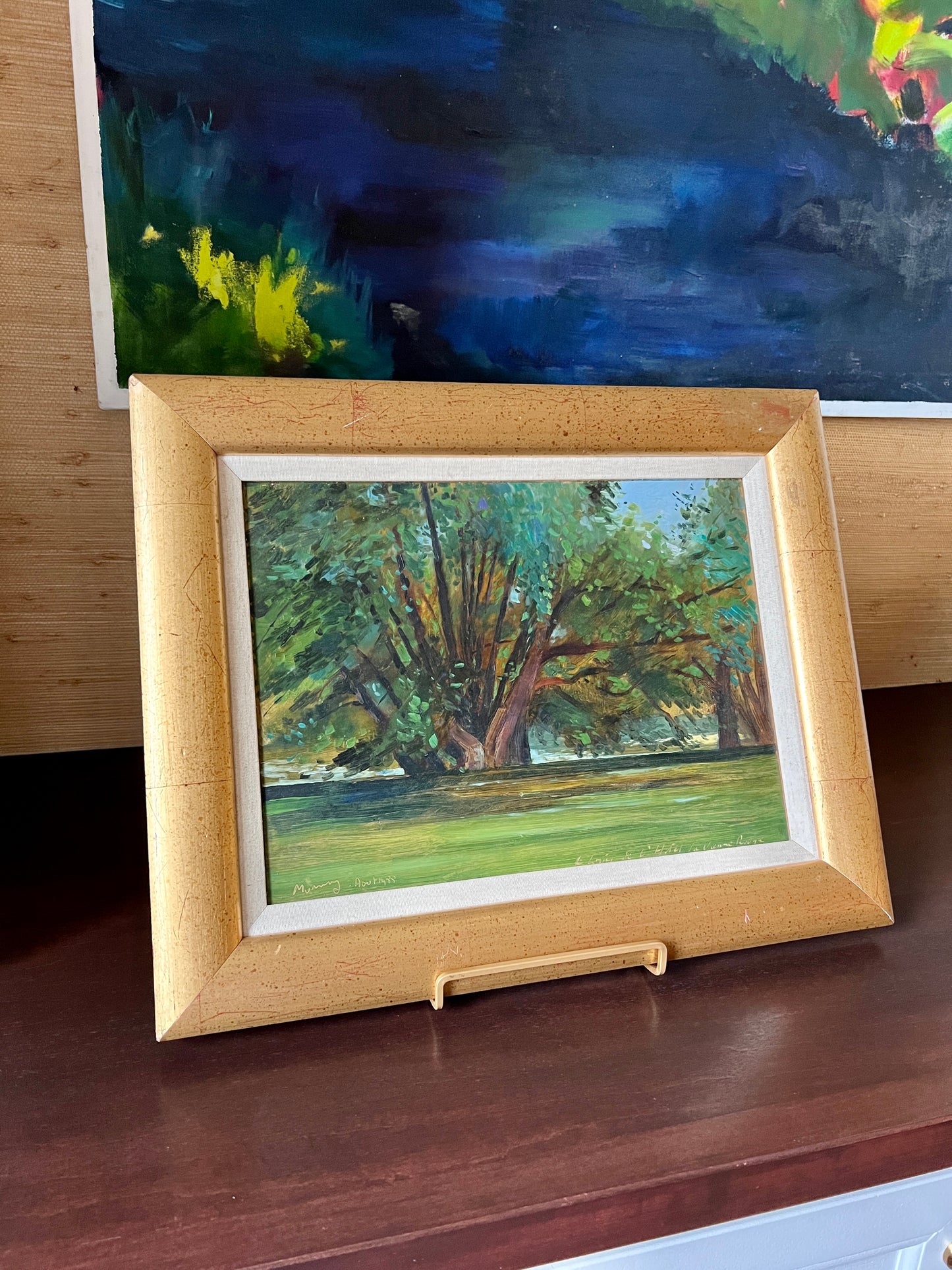 Vintage French Impressionistic Tree Landscape Oil Painting in Gold Frame