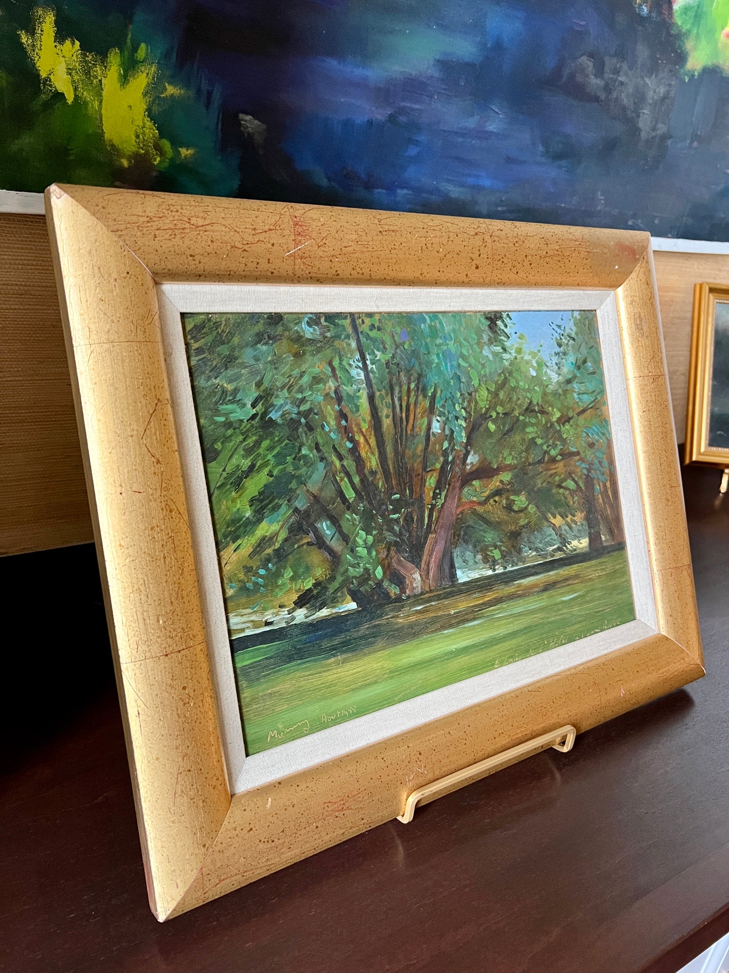 Vintage French Impressionistic Tree Landscape Oil Painting in Gold Frame