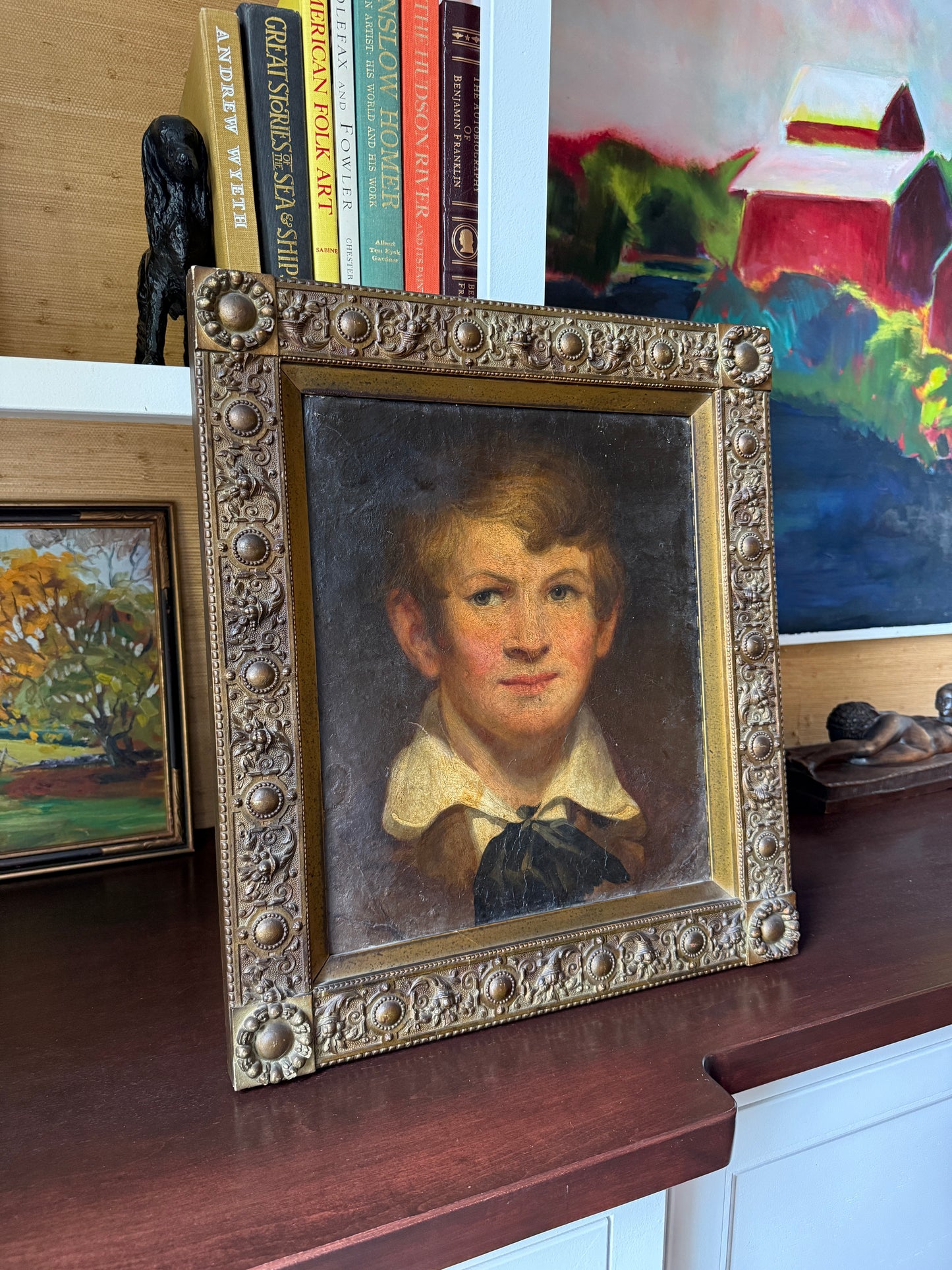 Antique Portrait of a Boy Oil Painting in Ornate Gilded Frame