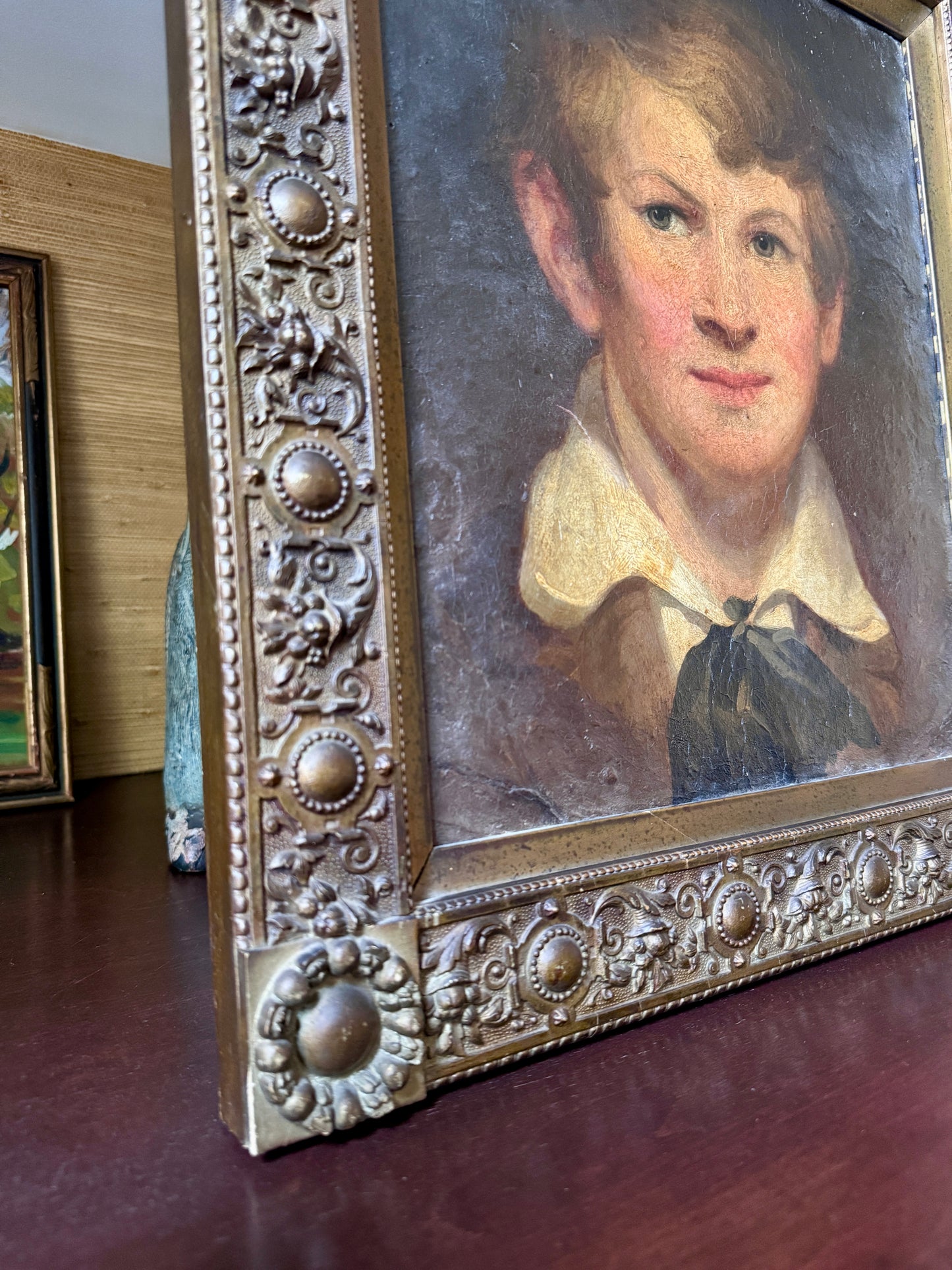 Antique Portrait of a Boy Oil Painting in Ornate Gilded Frame
