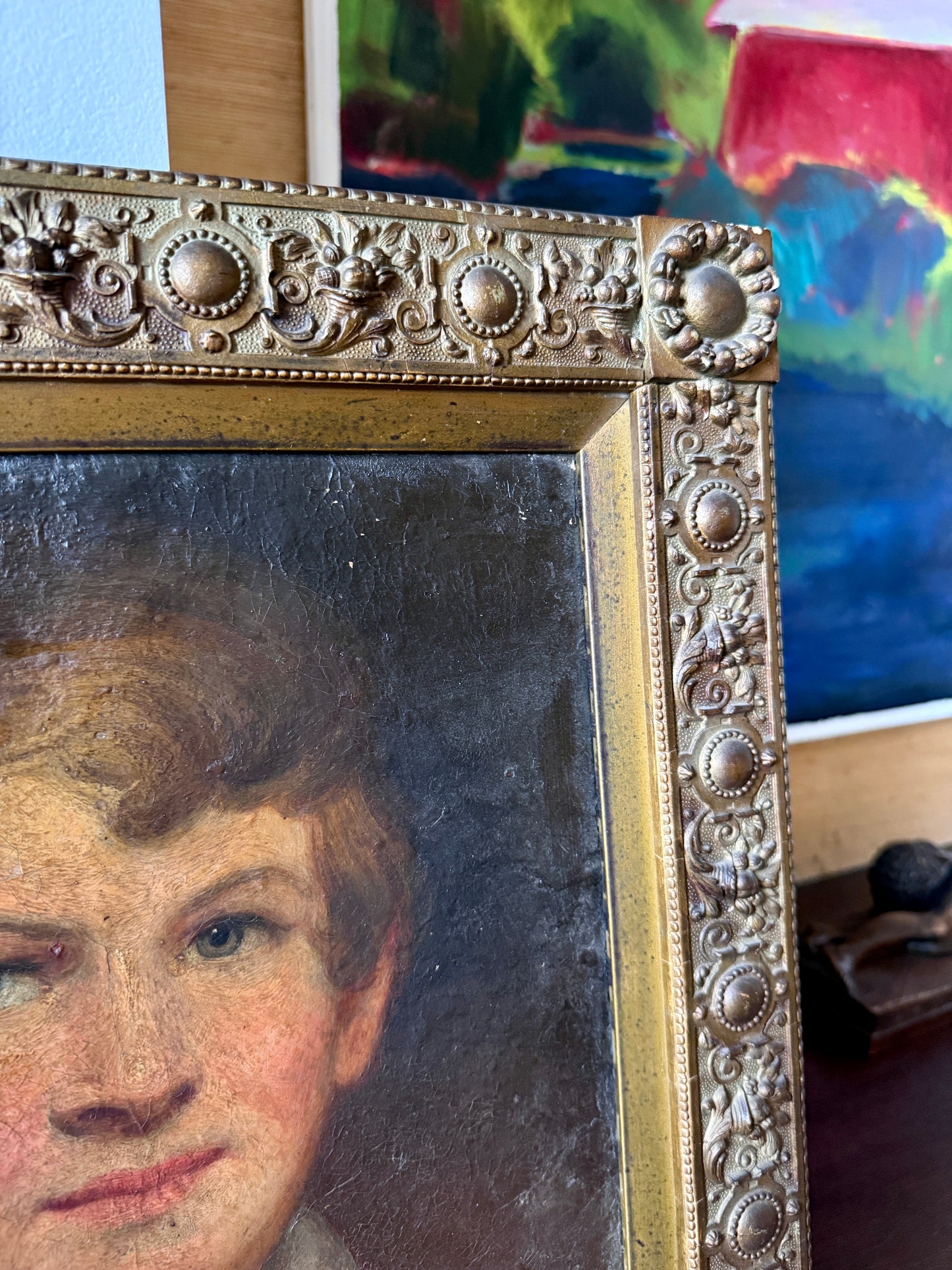 Antique Portrait of a Boy Oil Painting in Ornate Gilded Frame