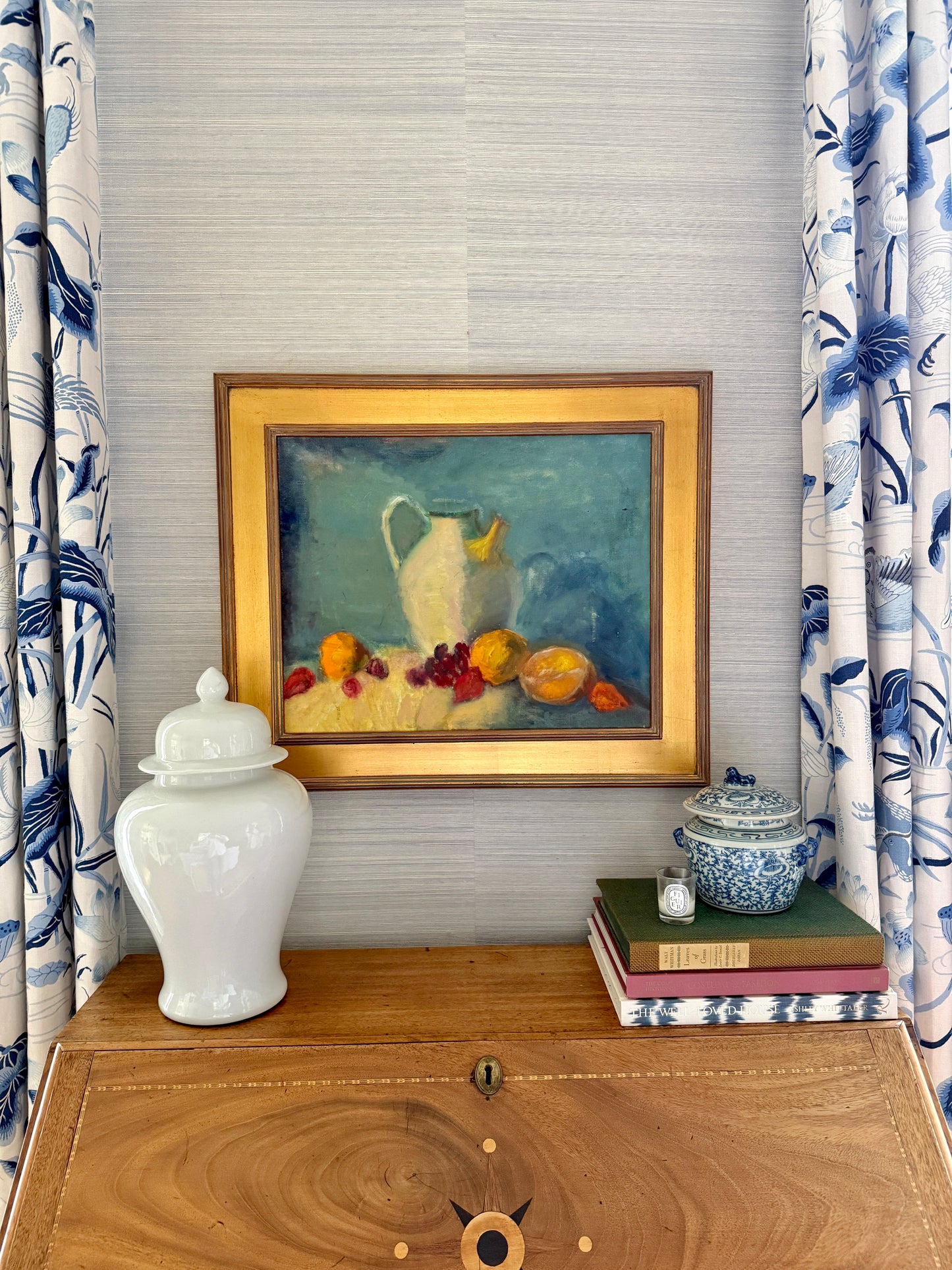 Vintage American Still Life White Pitcher and Fruit Oil Painting in Gold Frame
