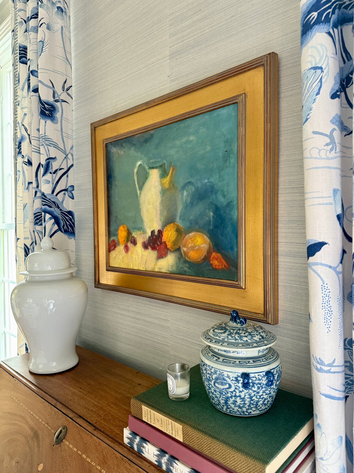 Vintage American Still Life White Pitcher and Fruit Oil Painting in Gold Frame