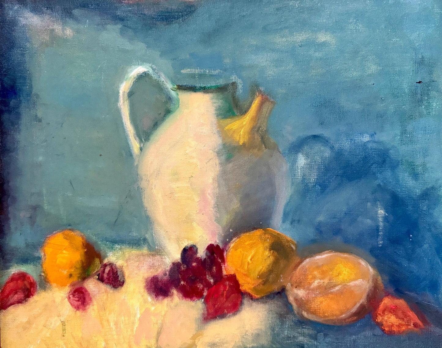 Vintage American Still Life White Pitcher and Fruit Oil Painting in Gold Frame