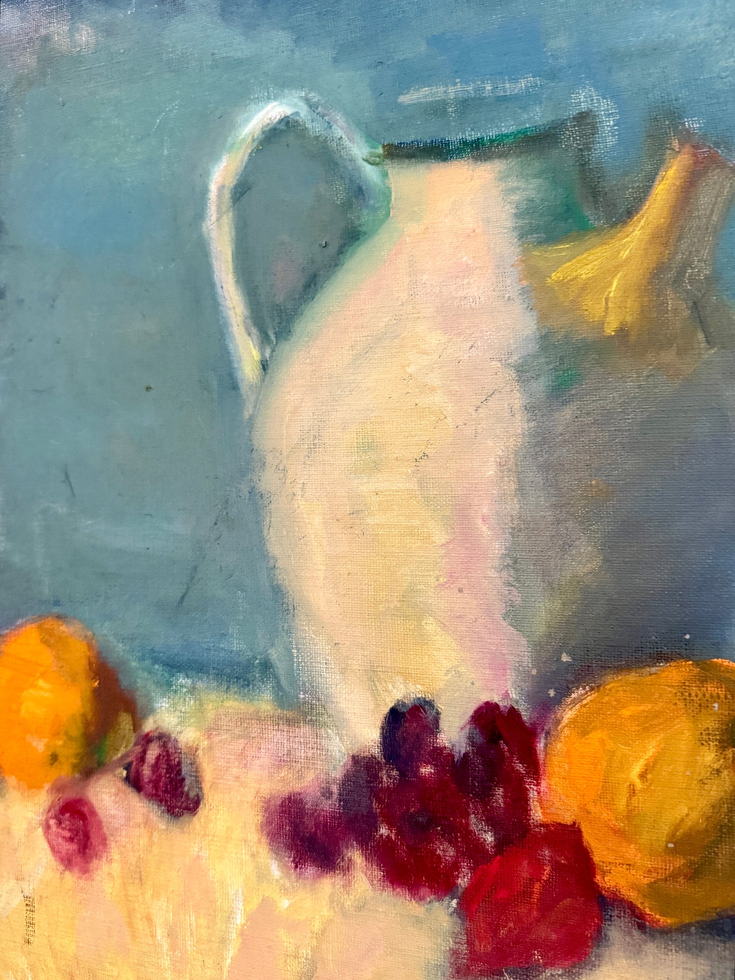 Vintage American Still Life White Pitcher and Fruit Oil Painting in Gold Frame