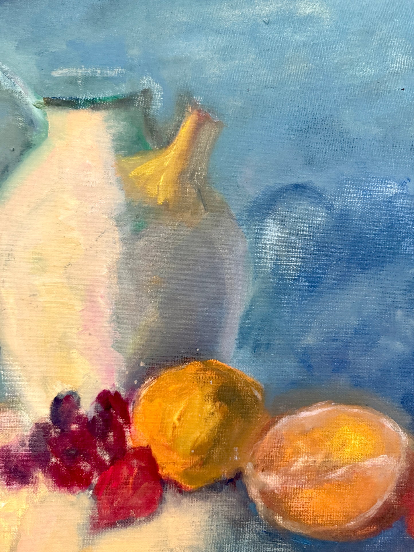 Vintage American Still Life White Pitcher and Fruit Oil Painting in Gold Frame