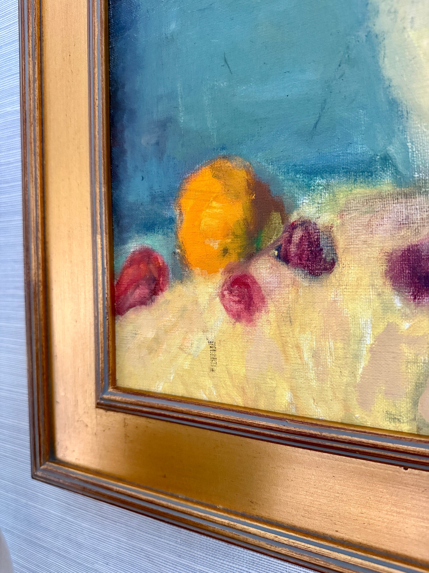 Vintage American Still Life White Pitcher and Fruit Oil Painting in Gold Frame
