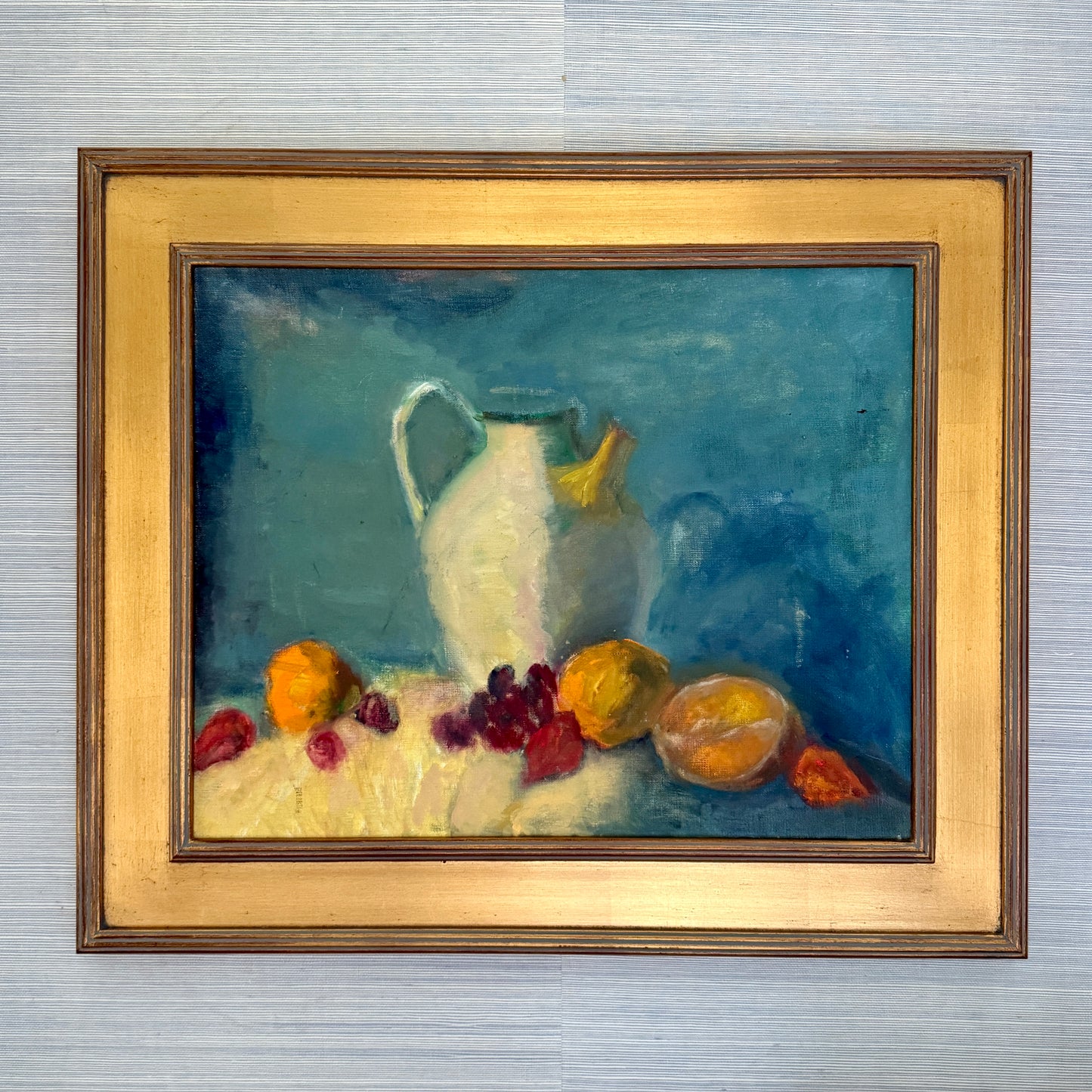 Vintage American Still Life White Pitcher and Fruit Oil Painting in Gold Frame