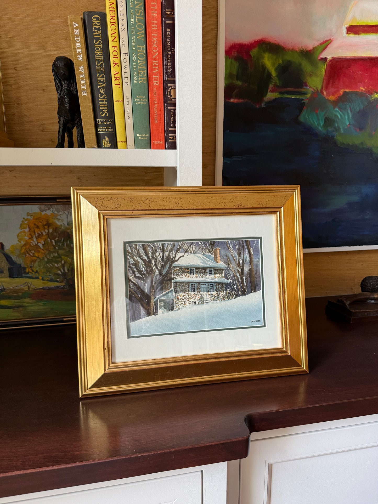 Thomas Newnam Chadds Ford Pennsylvania Landscape John Chad House in Winter Watercolor in Gold Frame