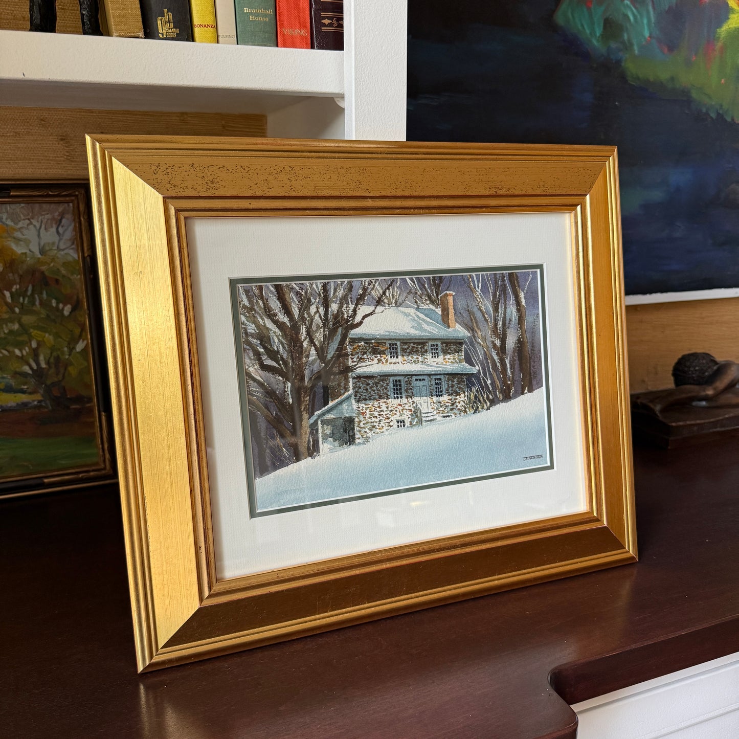 Thomas Newnam Chadds Ford Pennsylvania Landscape John Chad House in Winter Watercolor in Gold Frame