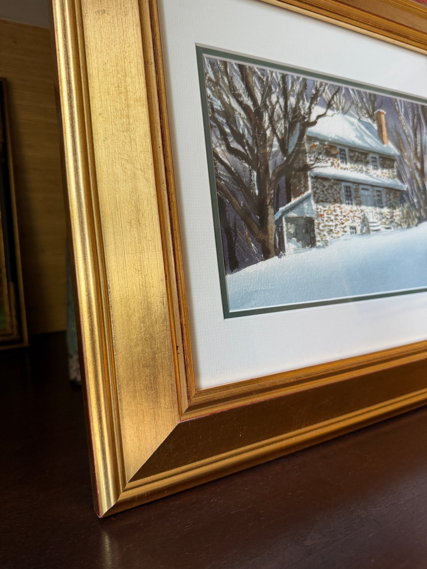 Thomas Newnam Chadds Ford Pennsylvania Landscape John Chad House in Winter Watercolor in Gold Frame