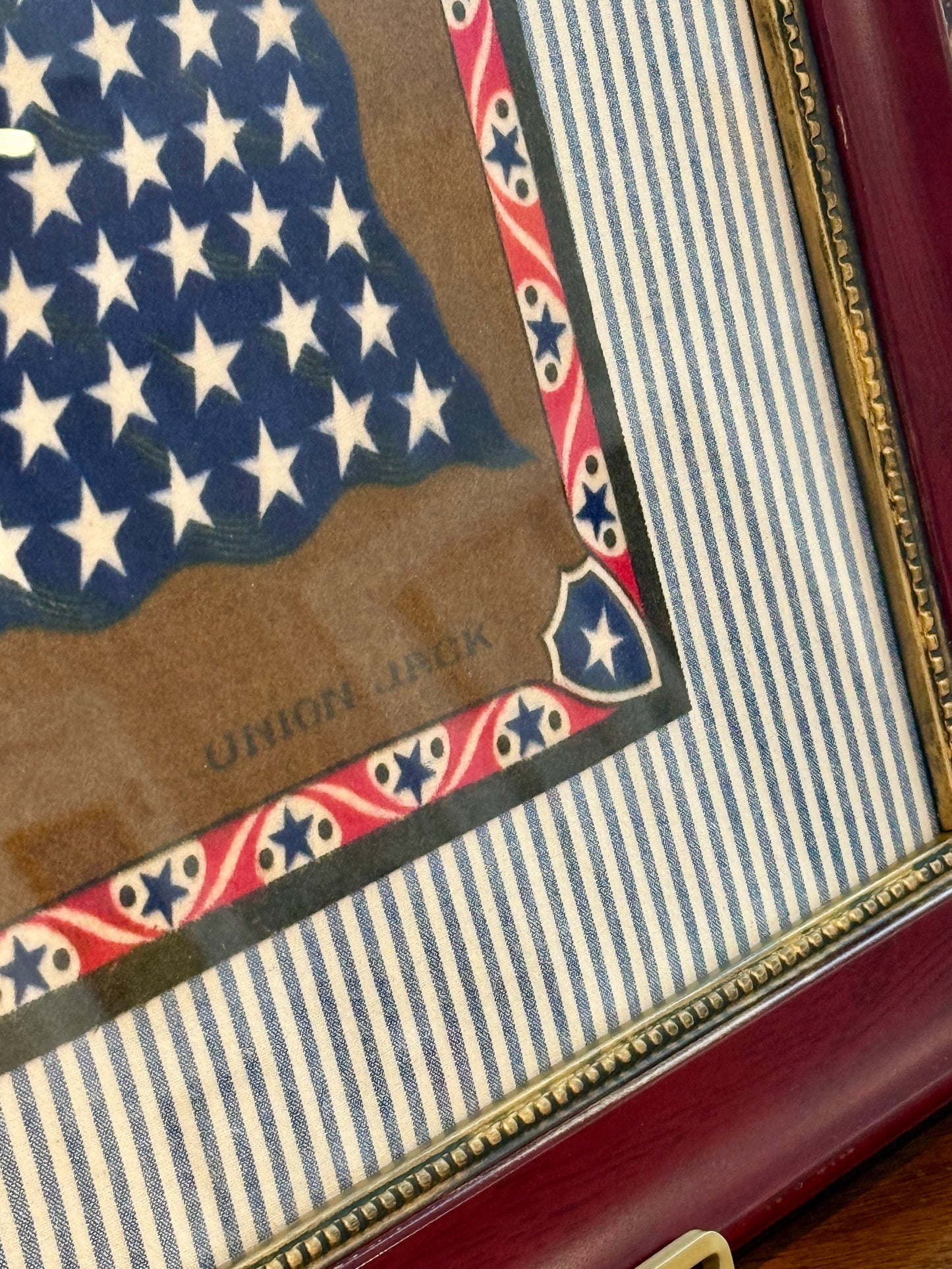 Antique Union Jack Felt on Blue and White Ticking Stripe in Cherry Wood and Gilded Frame
