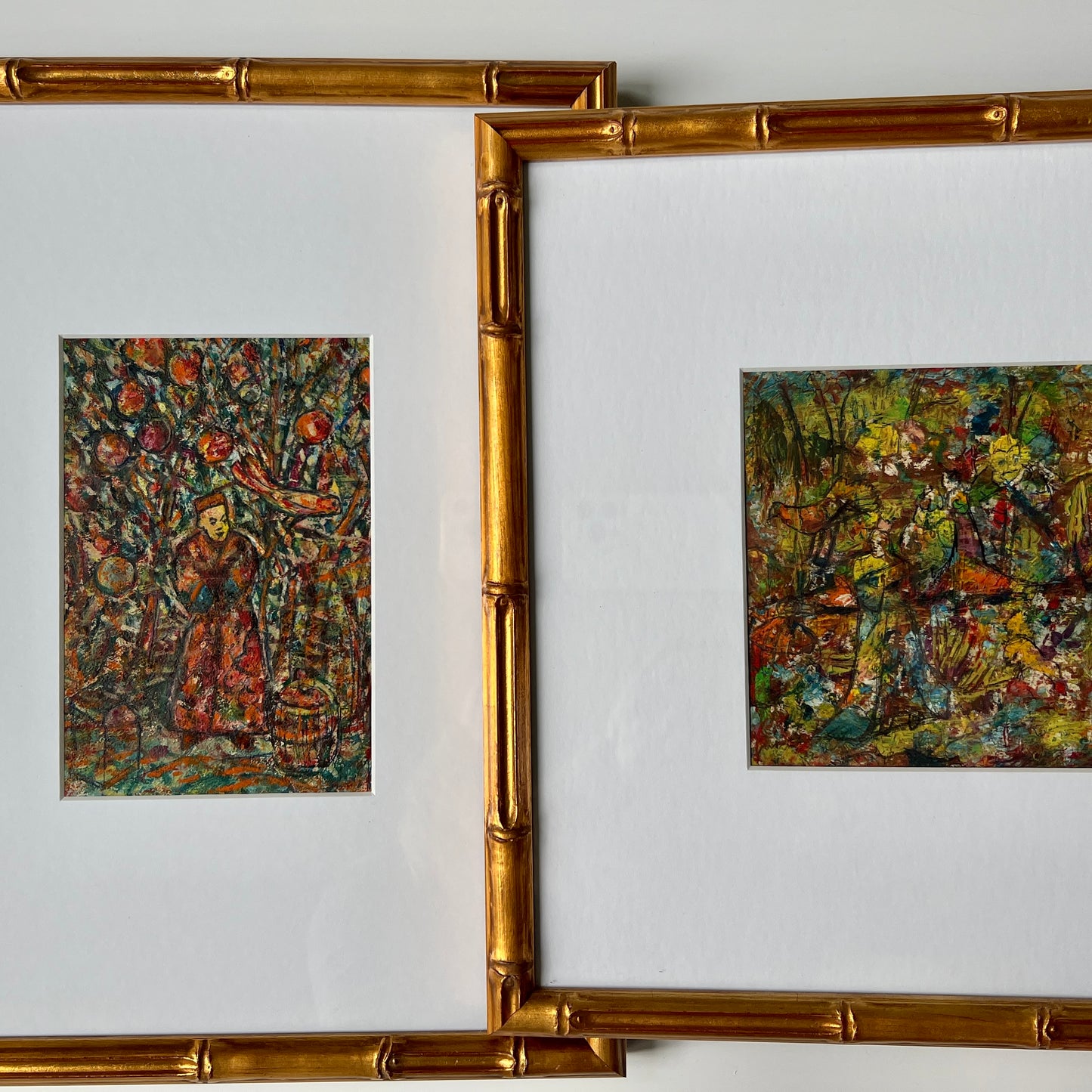 Vintage Abstract Oil Painting Portrait of Taoist Priest Under an Apple Tree in Gold Frame