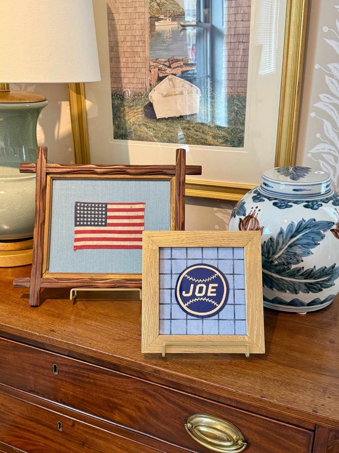 Varsity Varsity Jacket "Joe" Baseball Patch on Blue Windowpane in Gold Frame