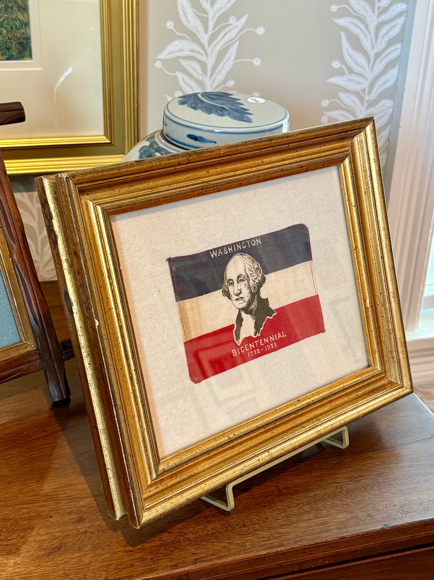 George Washington's Bicentennial Parade Flag on Duck Cloth in Deep Gold Frame