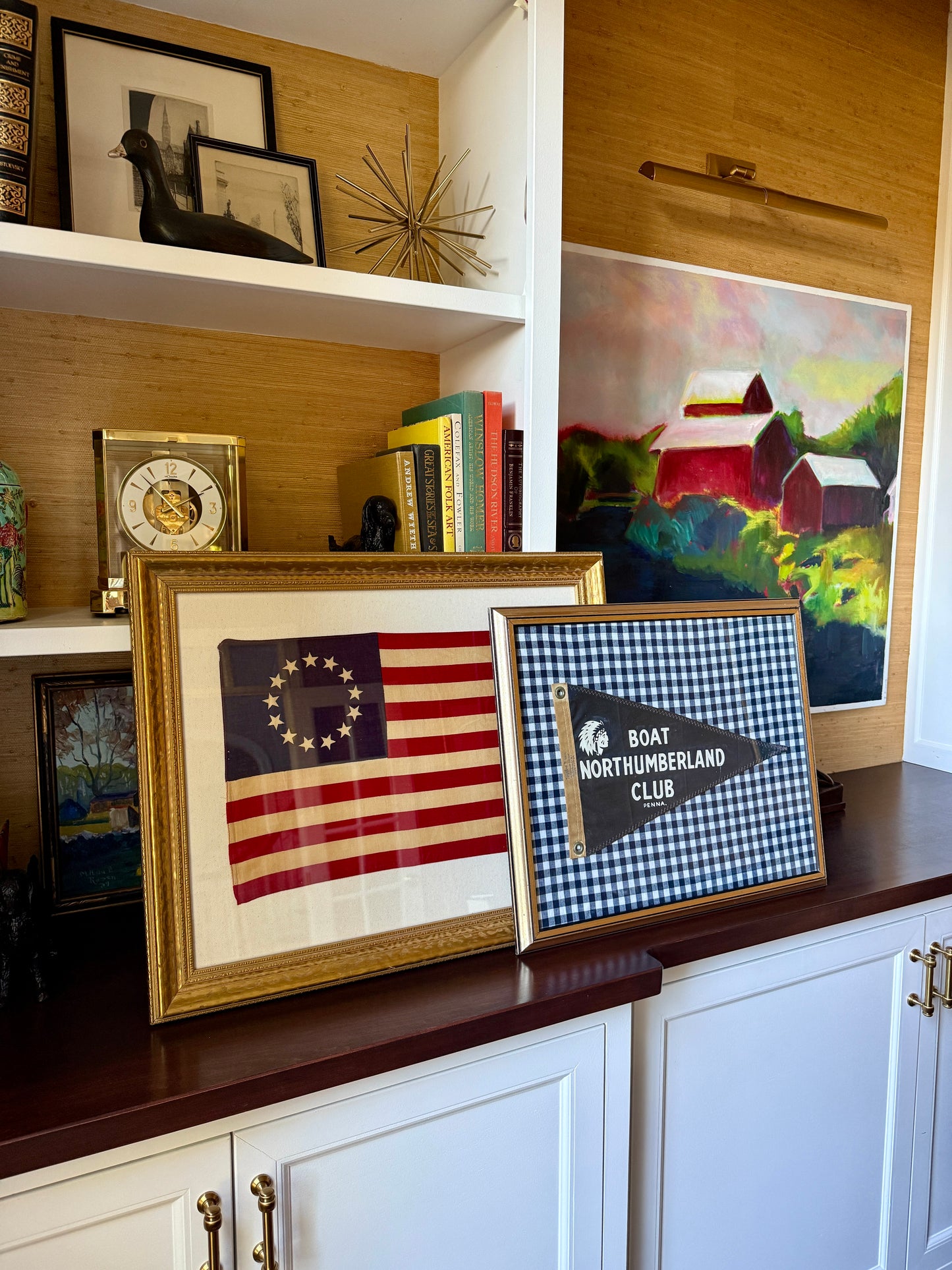 Vintage Northumberland Boat Club Burgee on Navy Gingham in Vintage Gold Frame