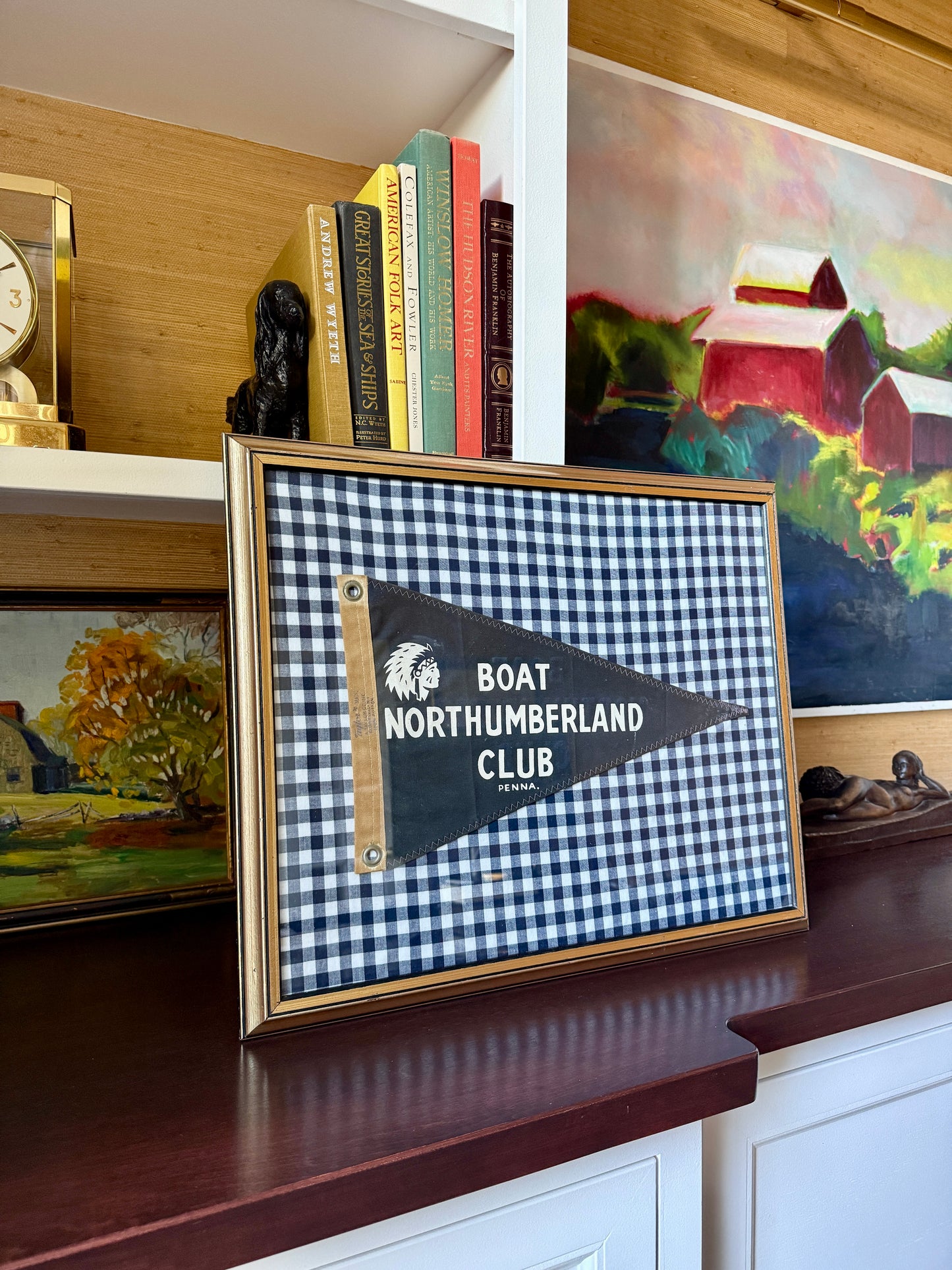 Vintage Northumberland Boat Club Burgee on Navy Gingham in Vintage Gold Frame
