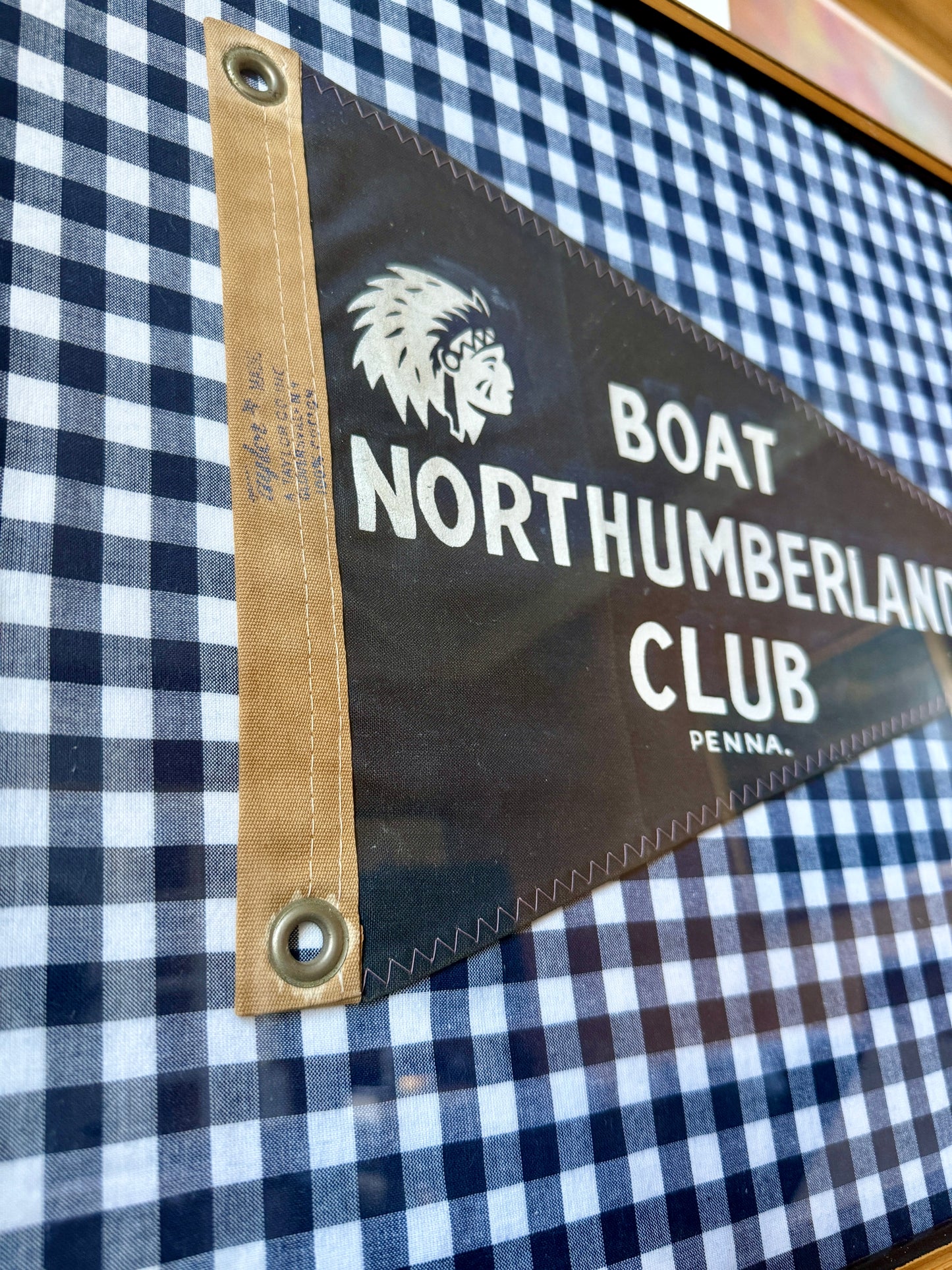 Vintage Northumberland Boat Club Burgee on Navy Gingham in Vintage Gold Frame