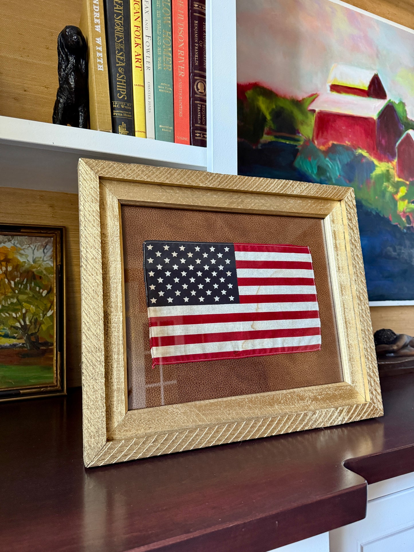 Vintage 50 Star American Flag on Faux Leather in Gold Barnwood Frame