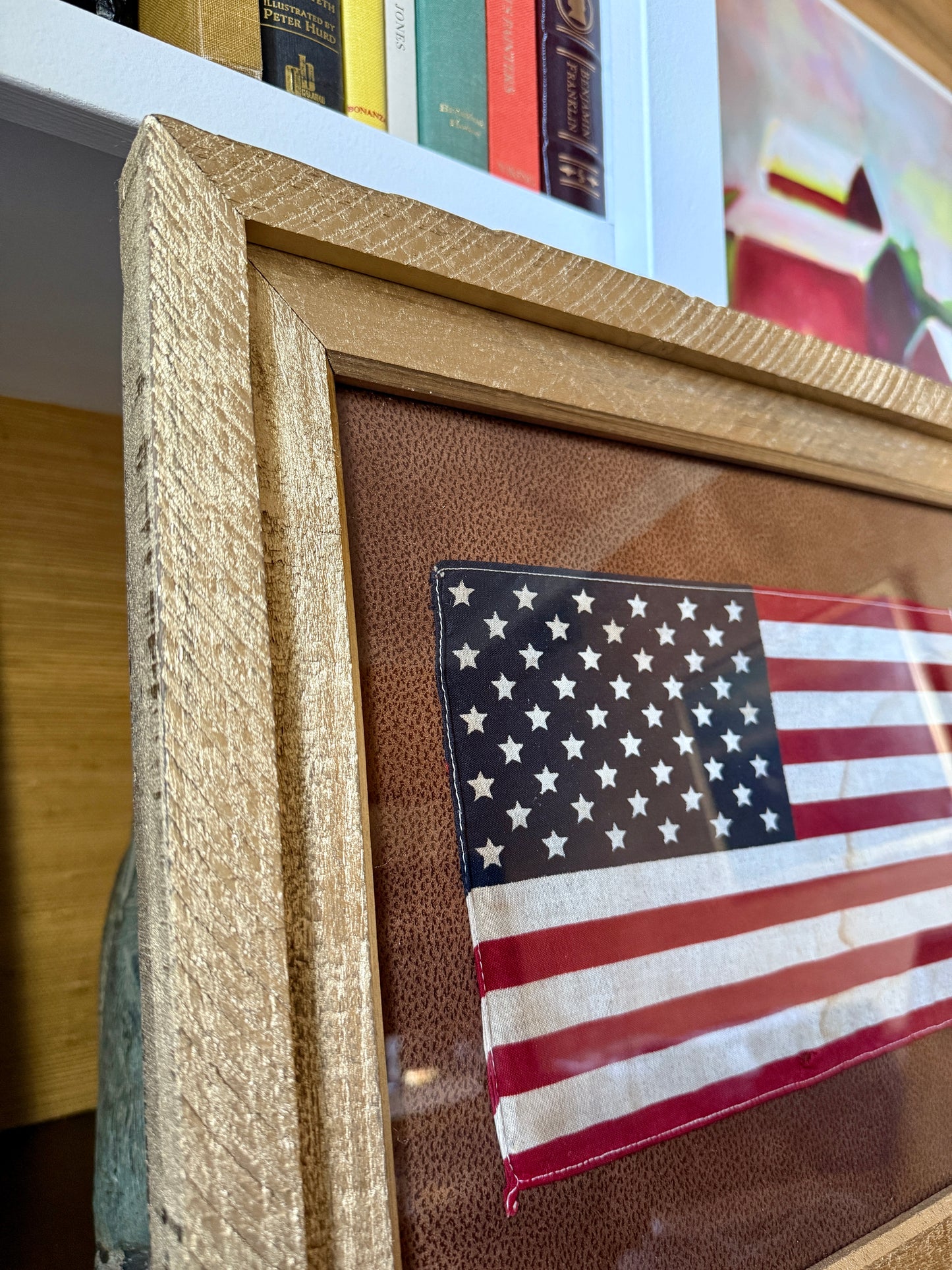 Vintage 50 Star American Flag on Faux Leather in Gold Barnwood Frame