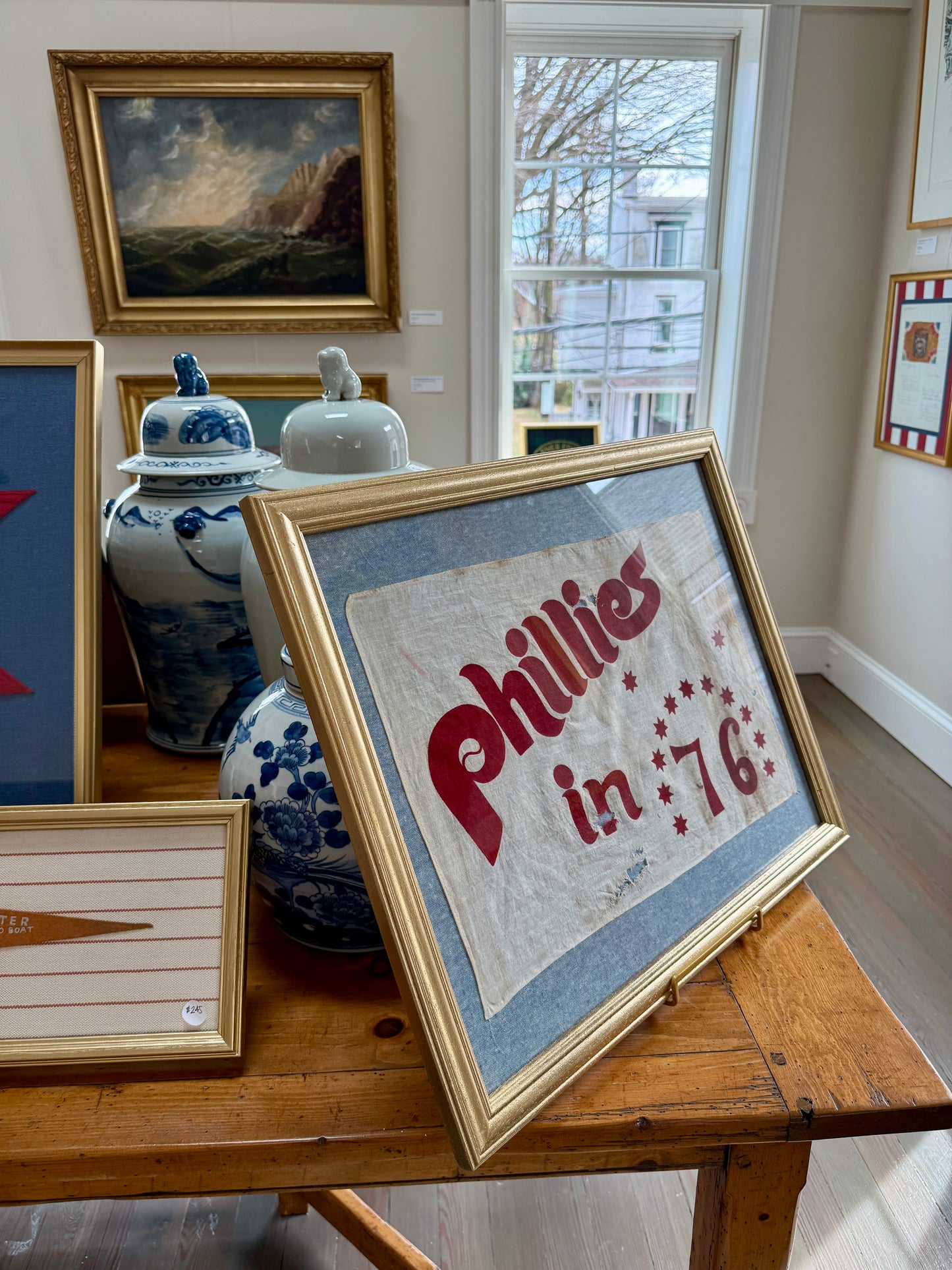 Vintage Philadelphia Phillies Baseball 1976 Bicentennial Flag on Blue Chambray in Gold Frame