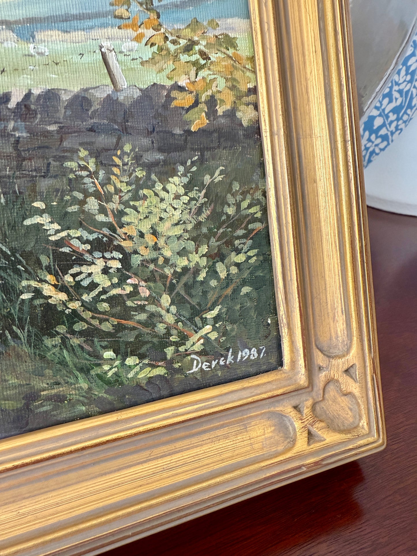 October Shadows Farm Landscape with Sheep Painting in Gold Frame