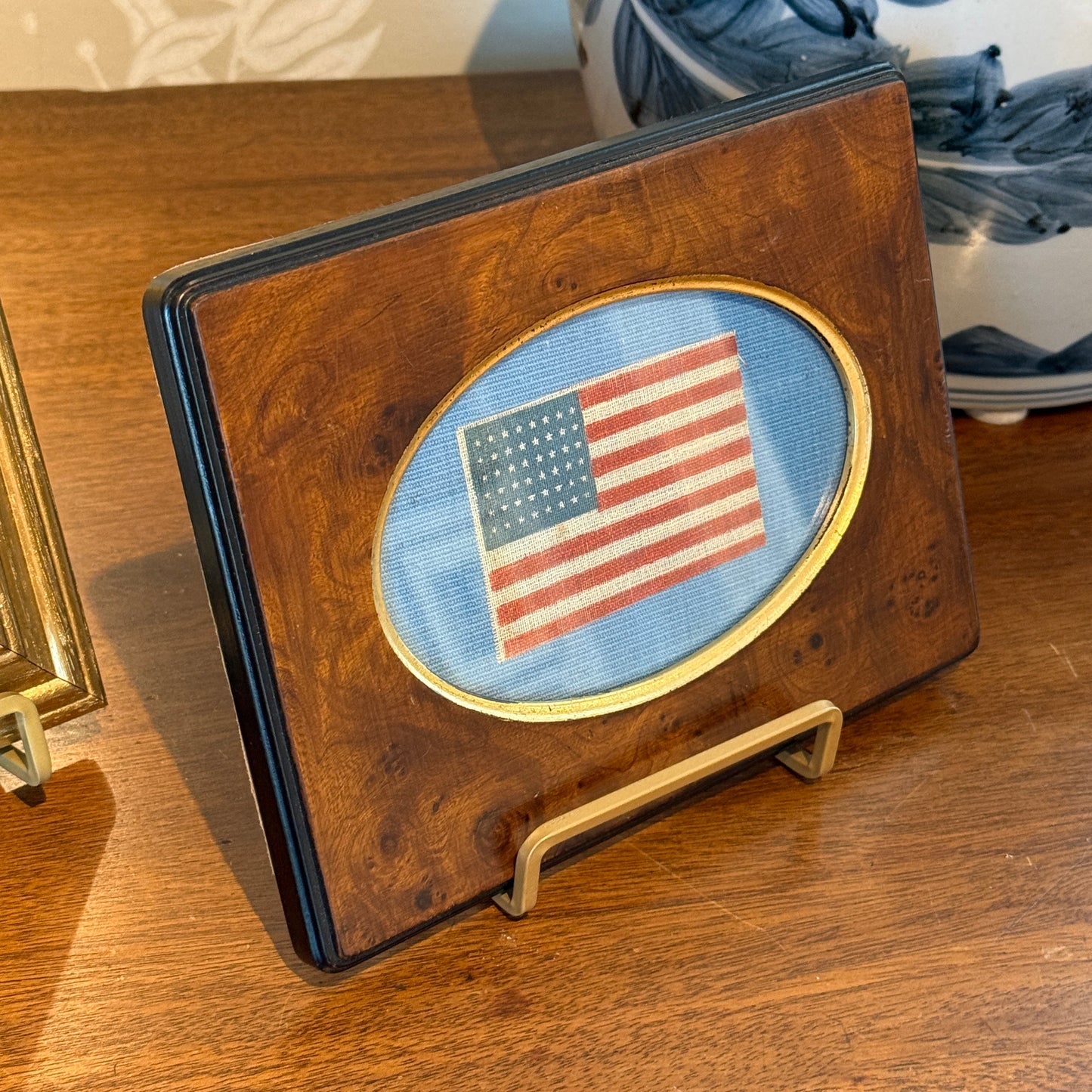 Antique 48 Star Glazed Cotton American Parade Flag on Light Blue Twill in Burlwood Frame