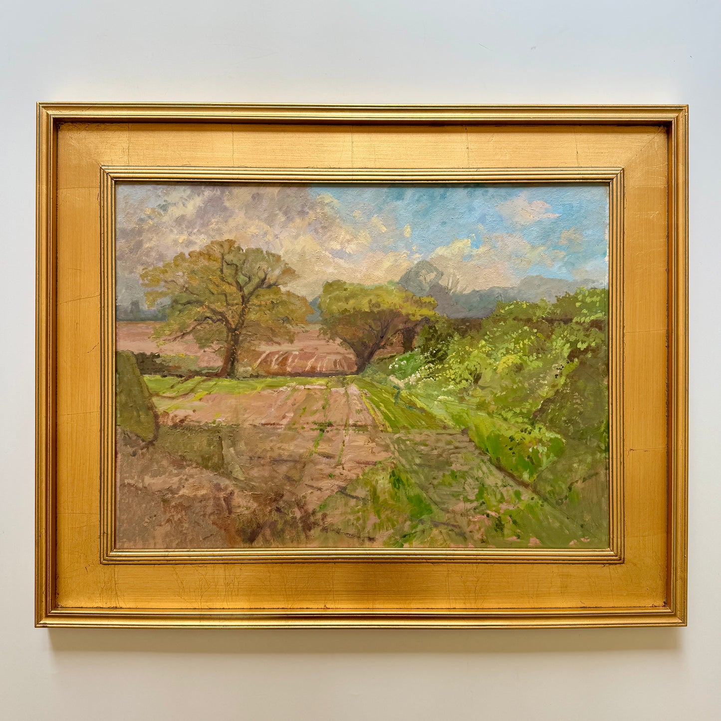 Vintage Impressionist Sunny Spring Farm Landscape Oil Painting in Gold Frame