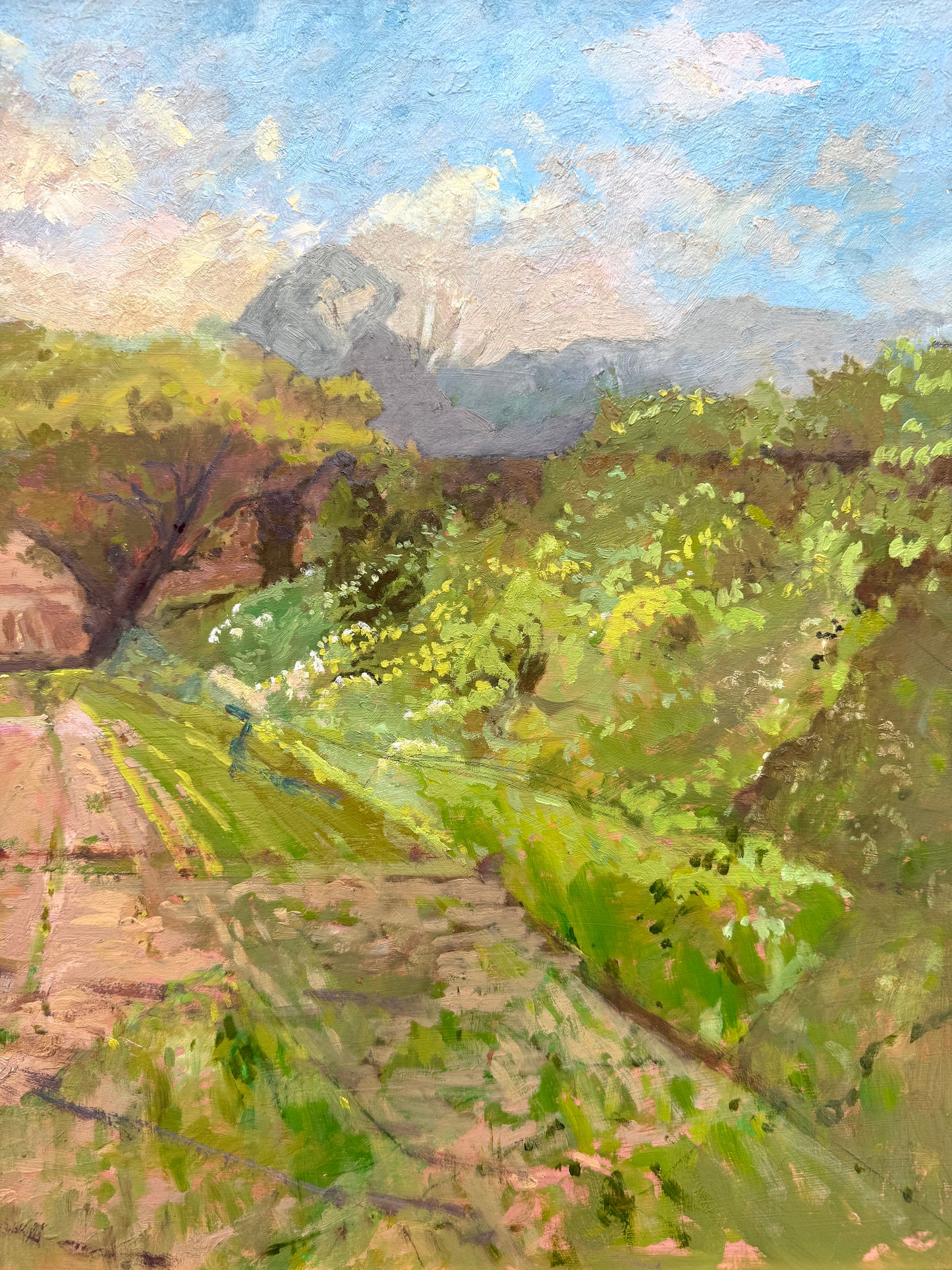 Vintage Impressionist Sunny Spring Farm Landscape Oil Painting in Gold Frame