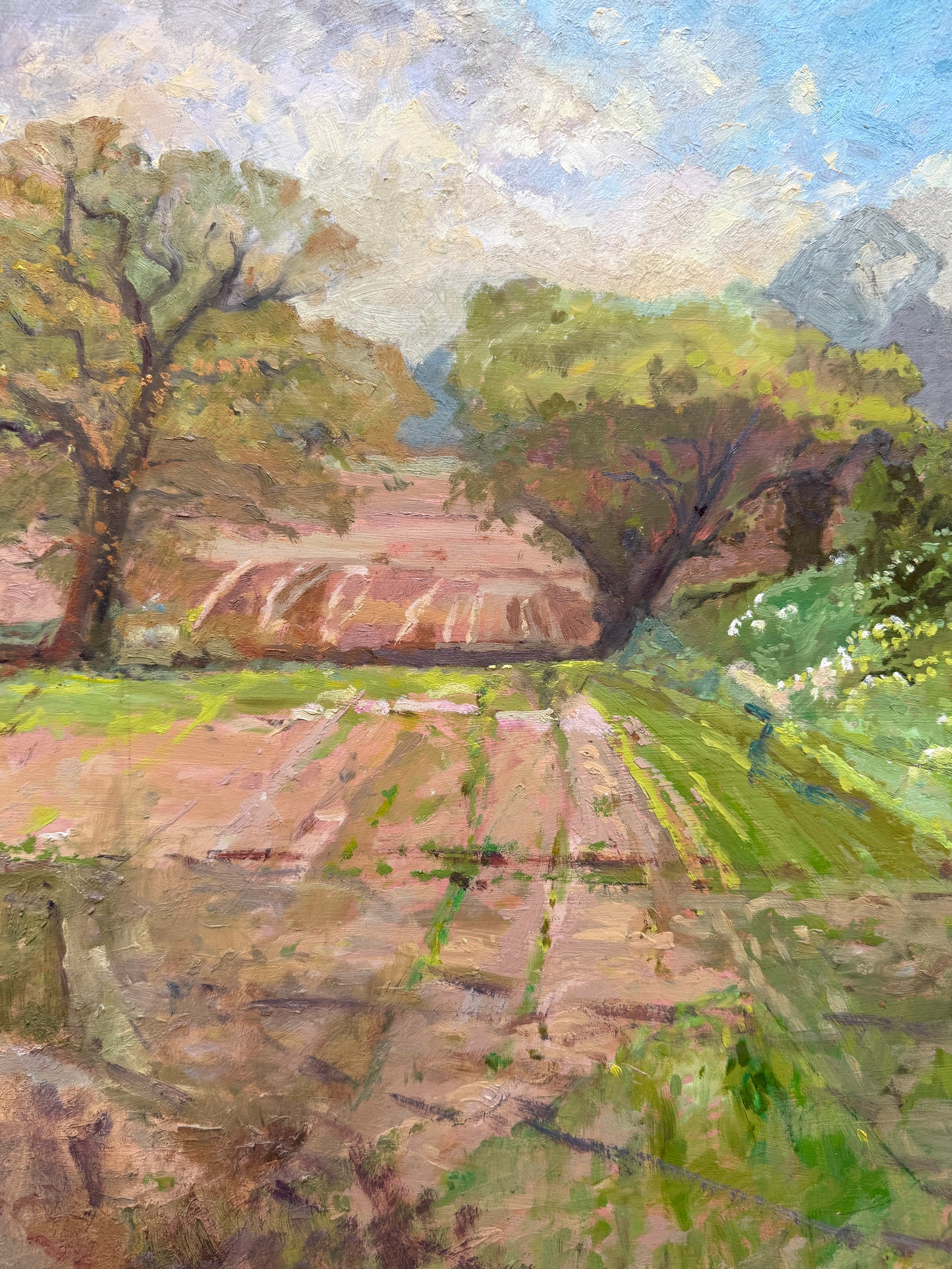 Vintage Impressionist Sunny Spring Farm Landscape Oil Painting in Gold Frame