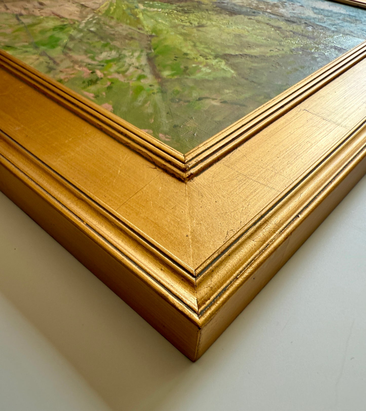 Vintage Impressionist Sunny Spring Farm Landscape Oil Painting in Gold Frame