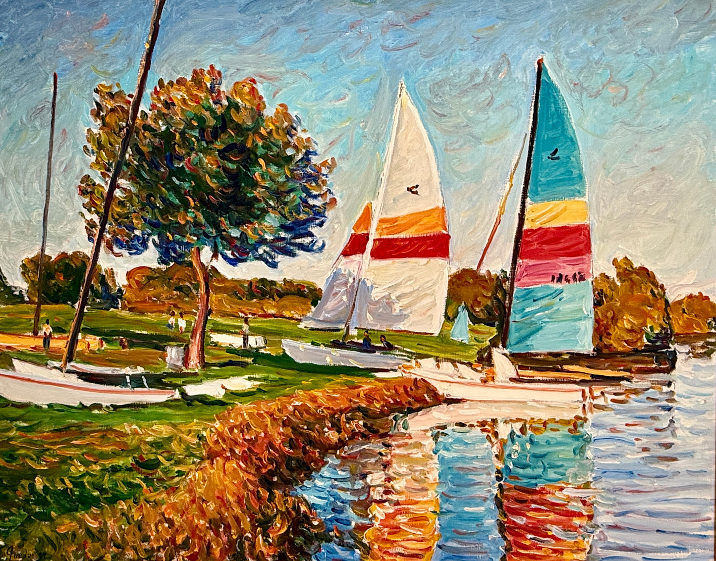 Edmund Jordan Saturday at the Lake Sunfish Sailboats Oil Painting in Gold Frame