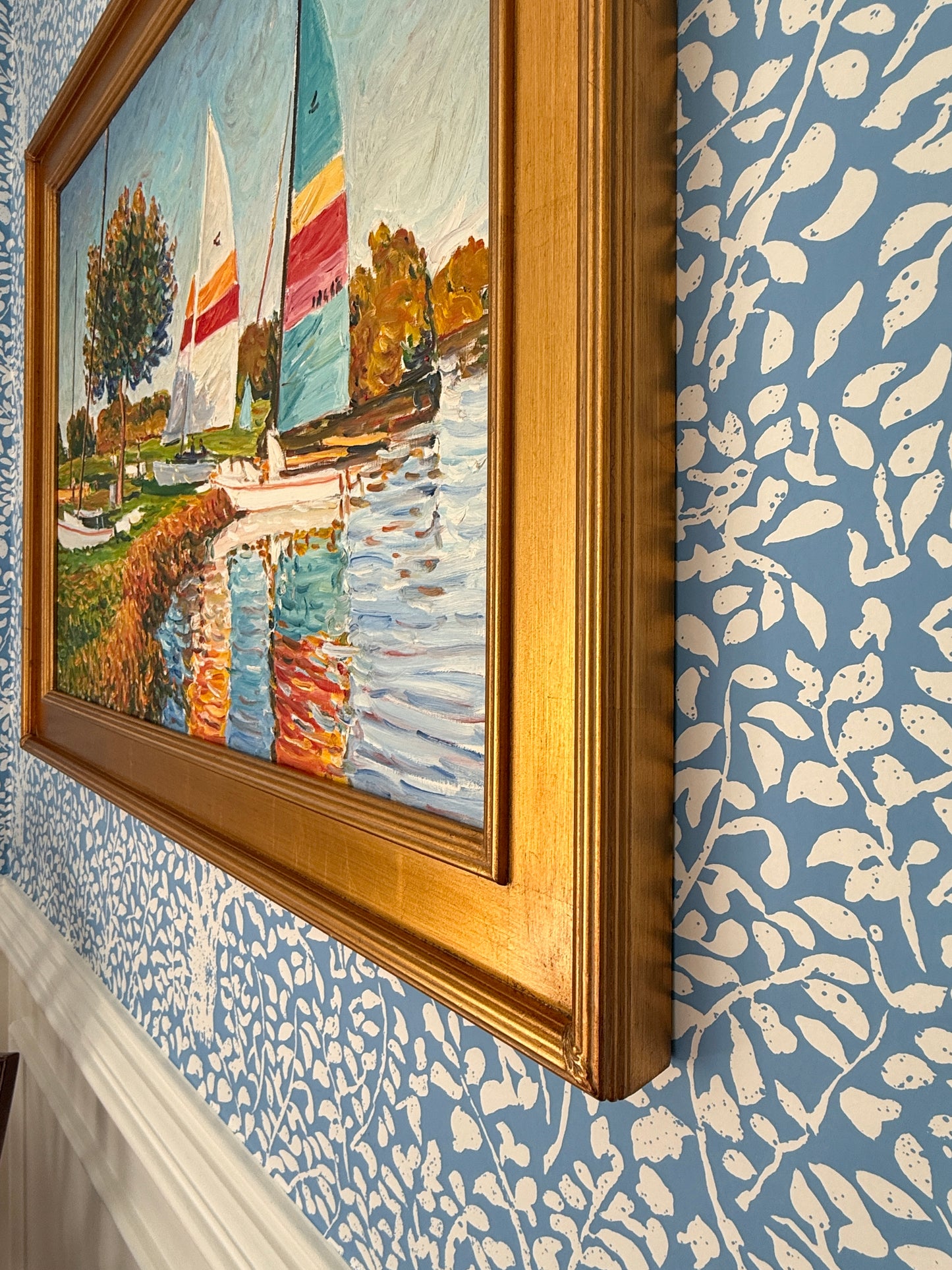 Edmund Jordan Saturday at the Lake Sunfish Sailboats Oil Painting in Gold Frame