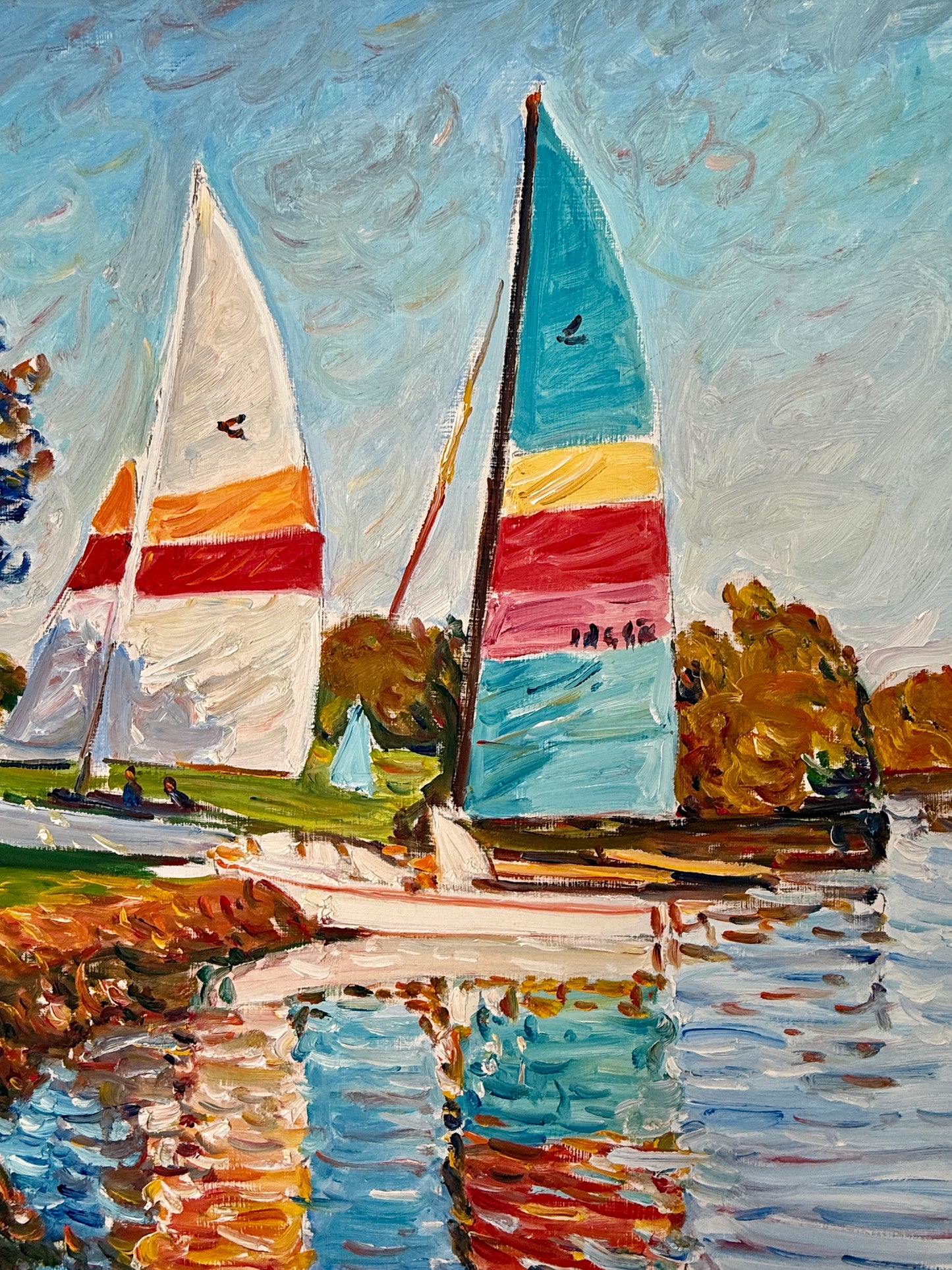 Edmund Jordan Saturday at the Lake Sunfish Sailboats Oil Painting in Gold Frame