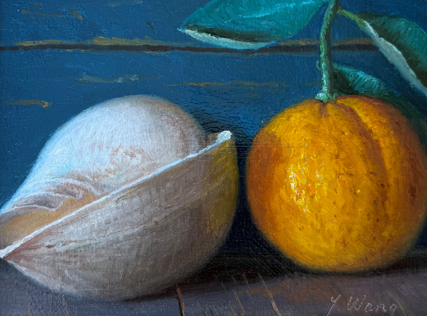 Seashell and Clementine Realist Still Life Oil Painting in Gold Frame