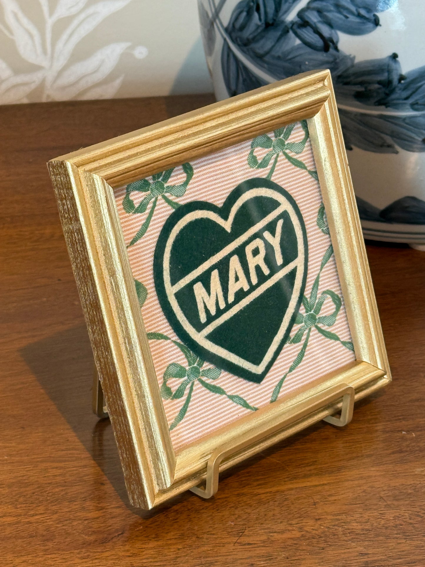 Varsity Varsity Jacket "Mary" Heart Patch on Pink and Green Bows in Gold Frame