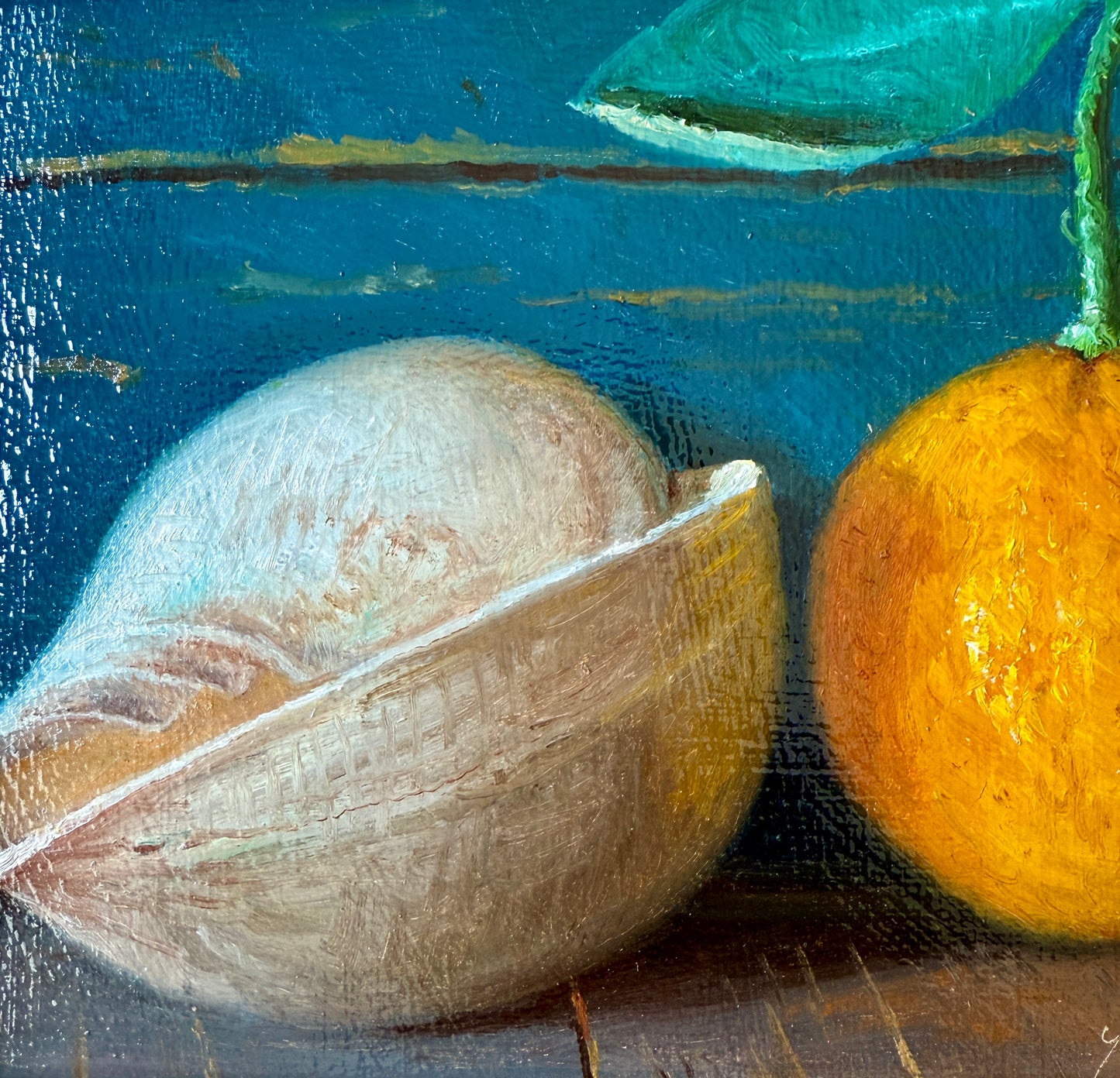 Seashell and Clementine Realist Still Life Oil Painting in Gold Frame