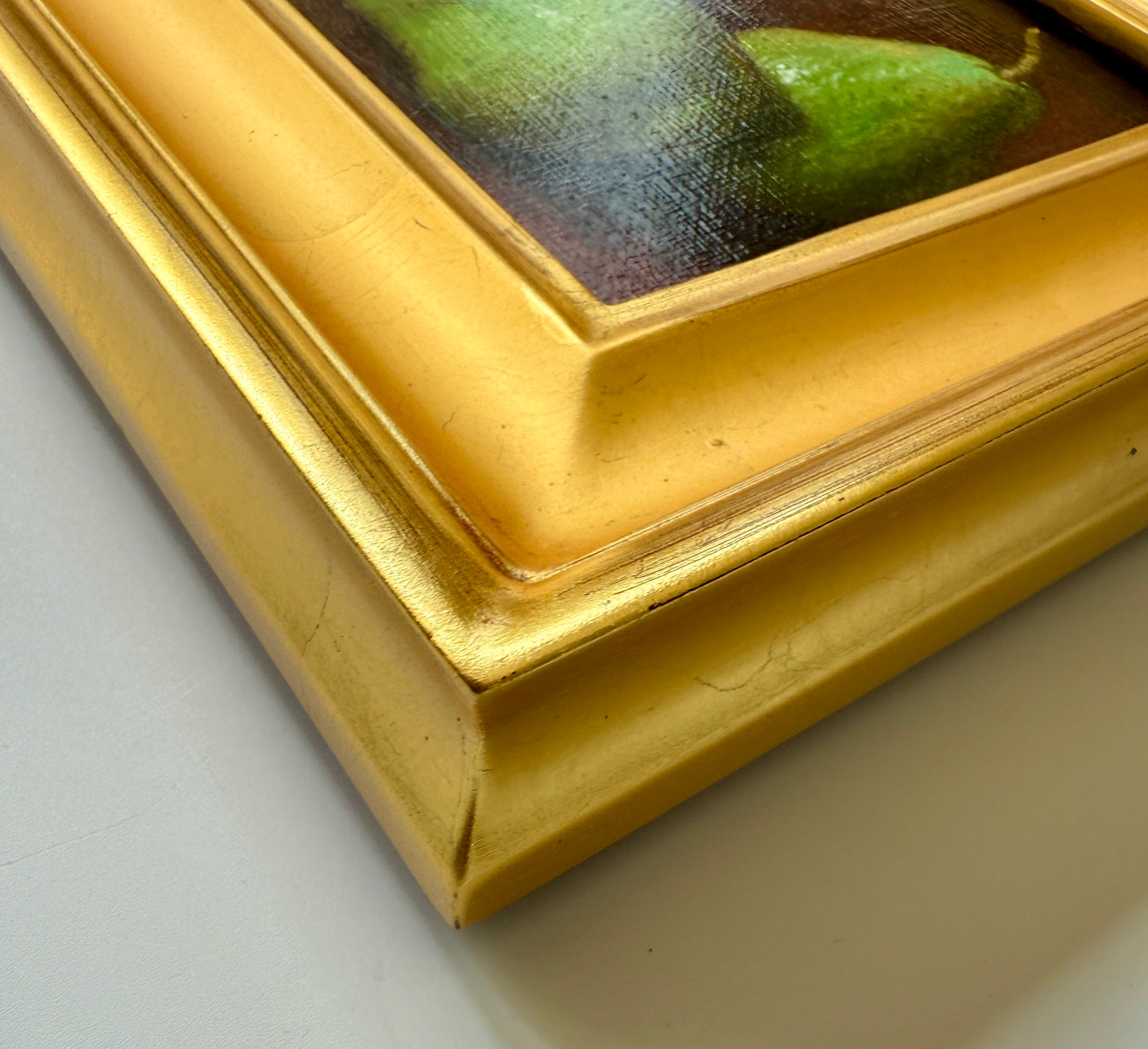 Green Pears and Blue and White Pitcher Still Life Oil Painting in Gold Frame