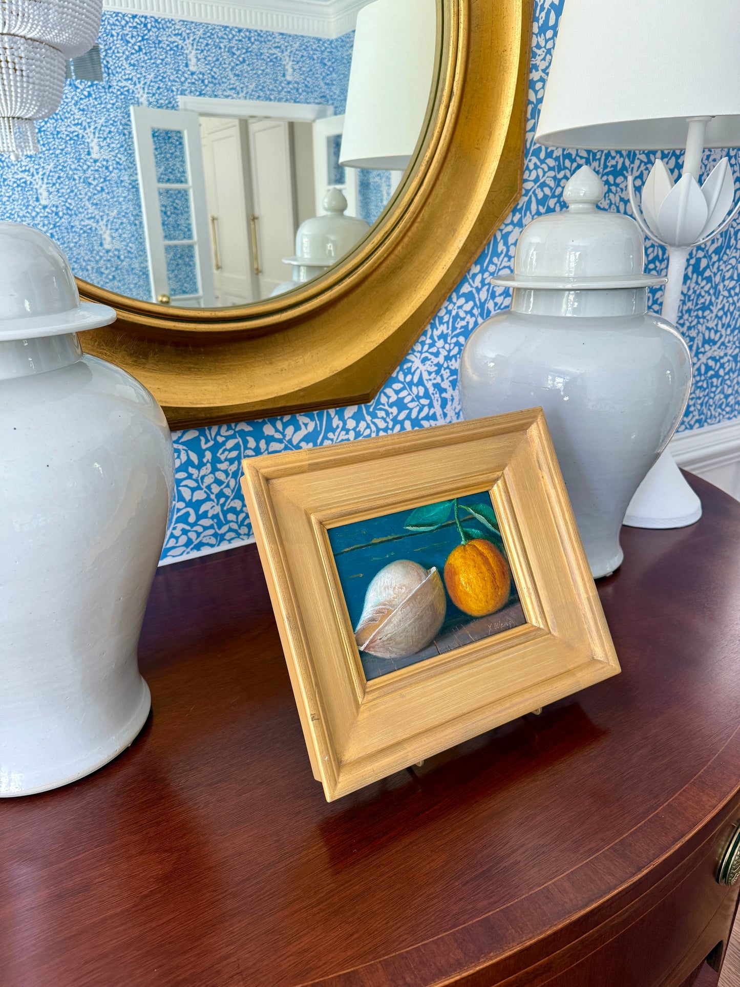 Seashell and Clementine Realist Still Life Oil Painting in Gold Frame