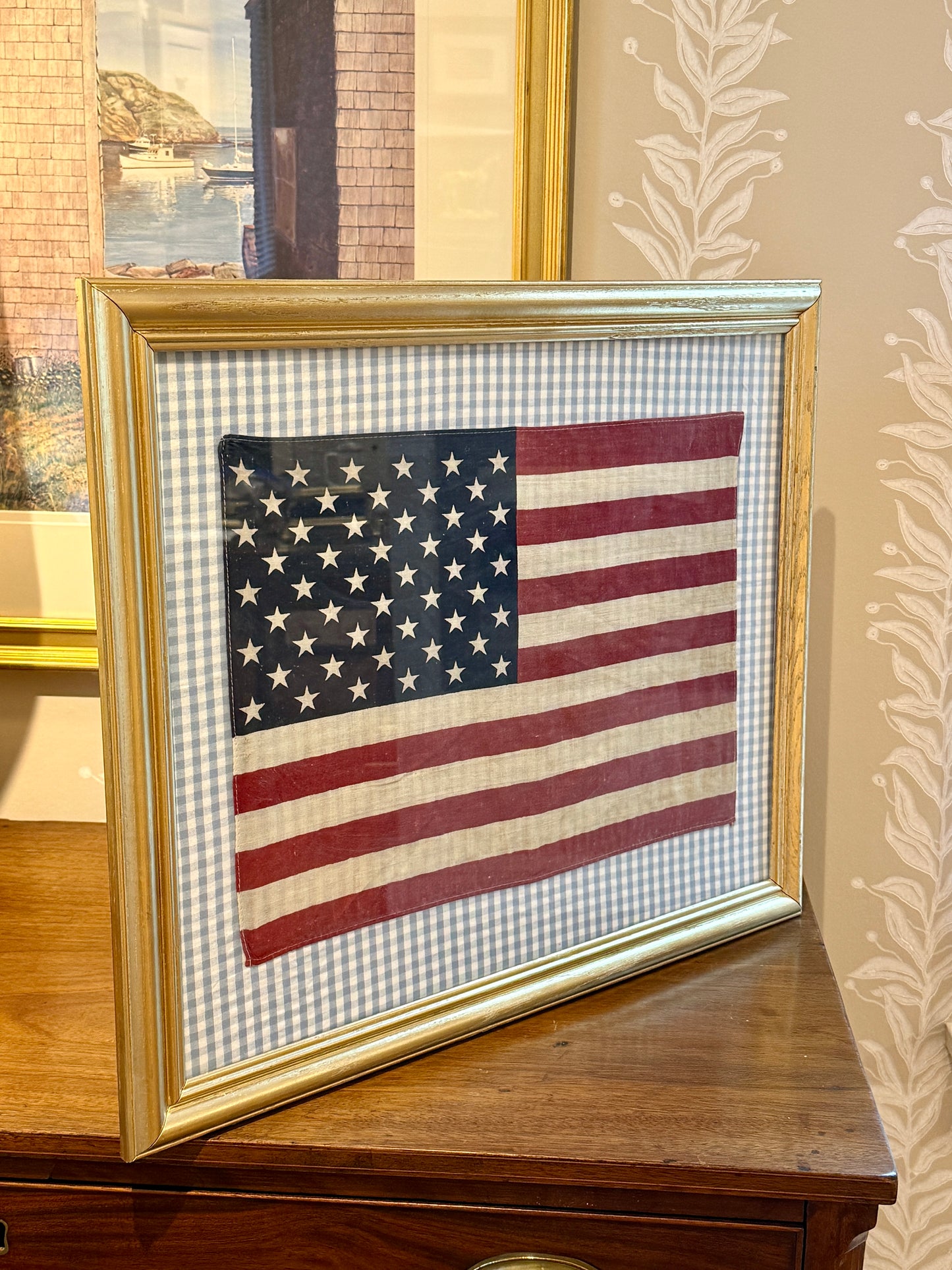 Vintage 50 Staggered Star American Flag on Light Blue Gingham Fabric in Gold Frame